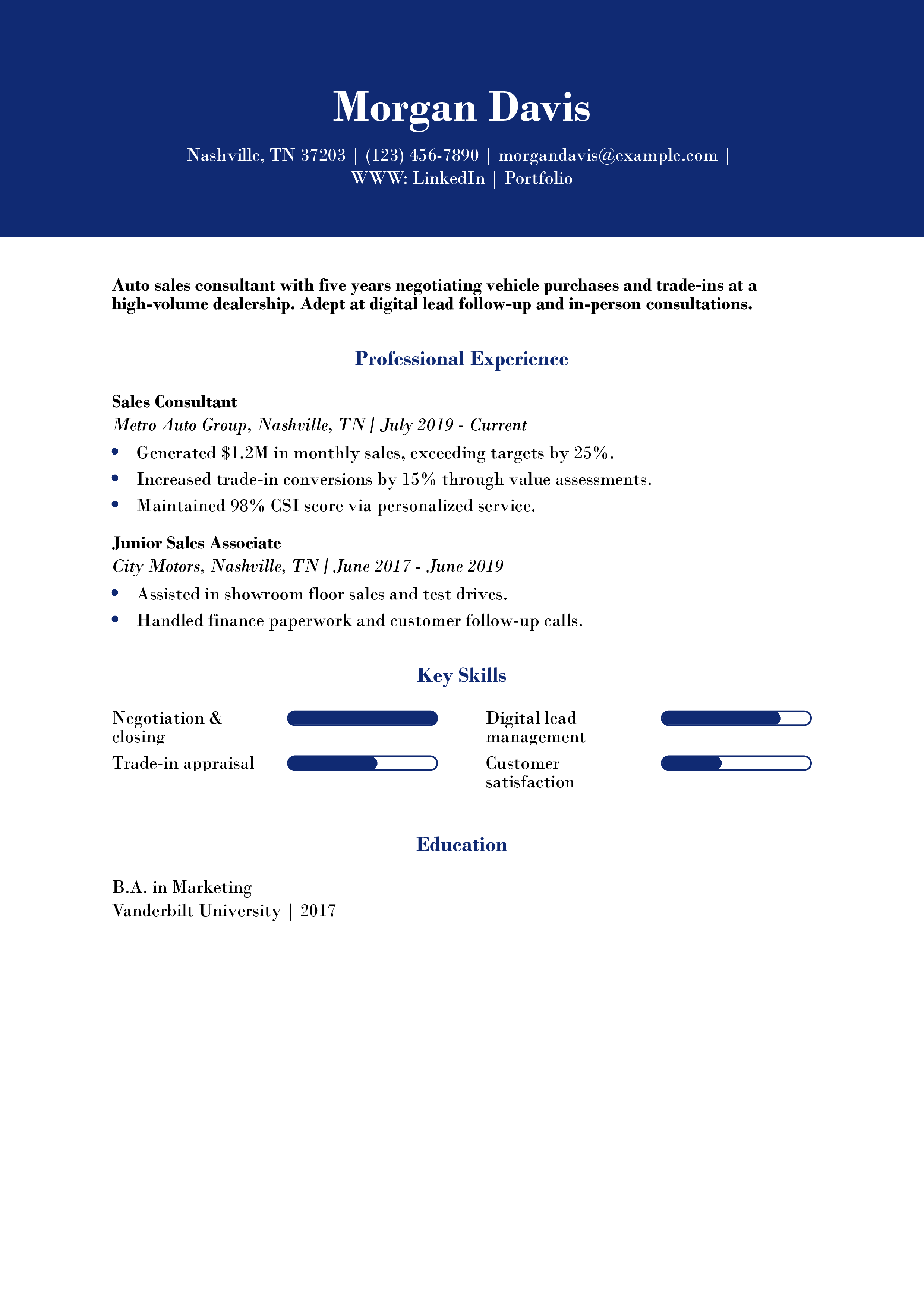 Auto Sales Consultant Resume