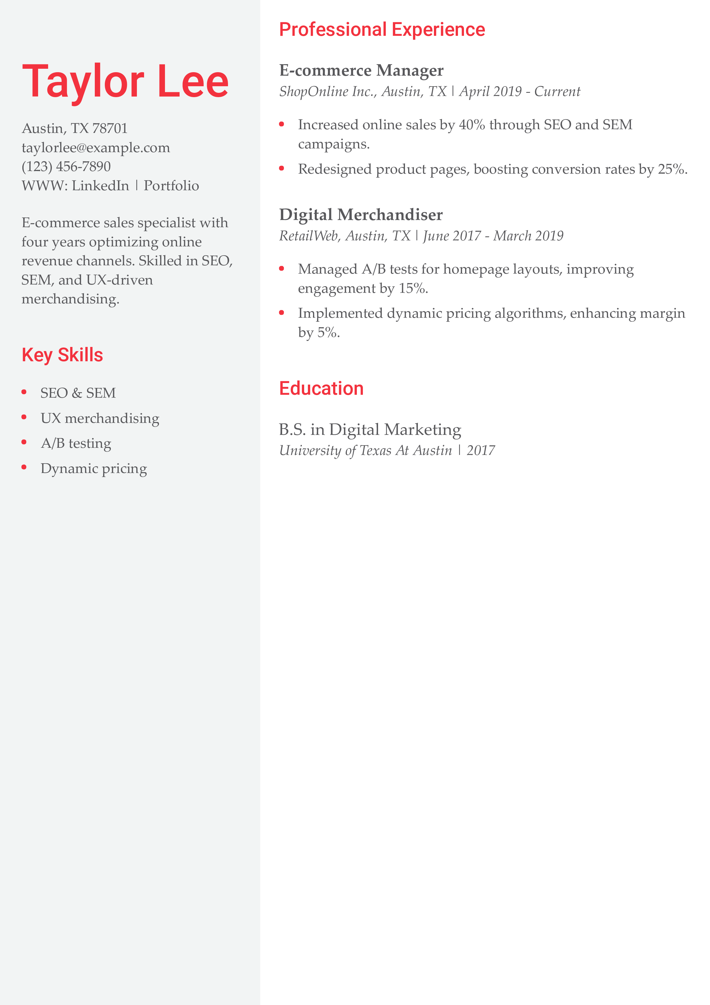 E-commerce Sales Specialist Resume
