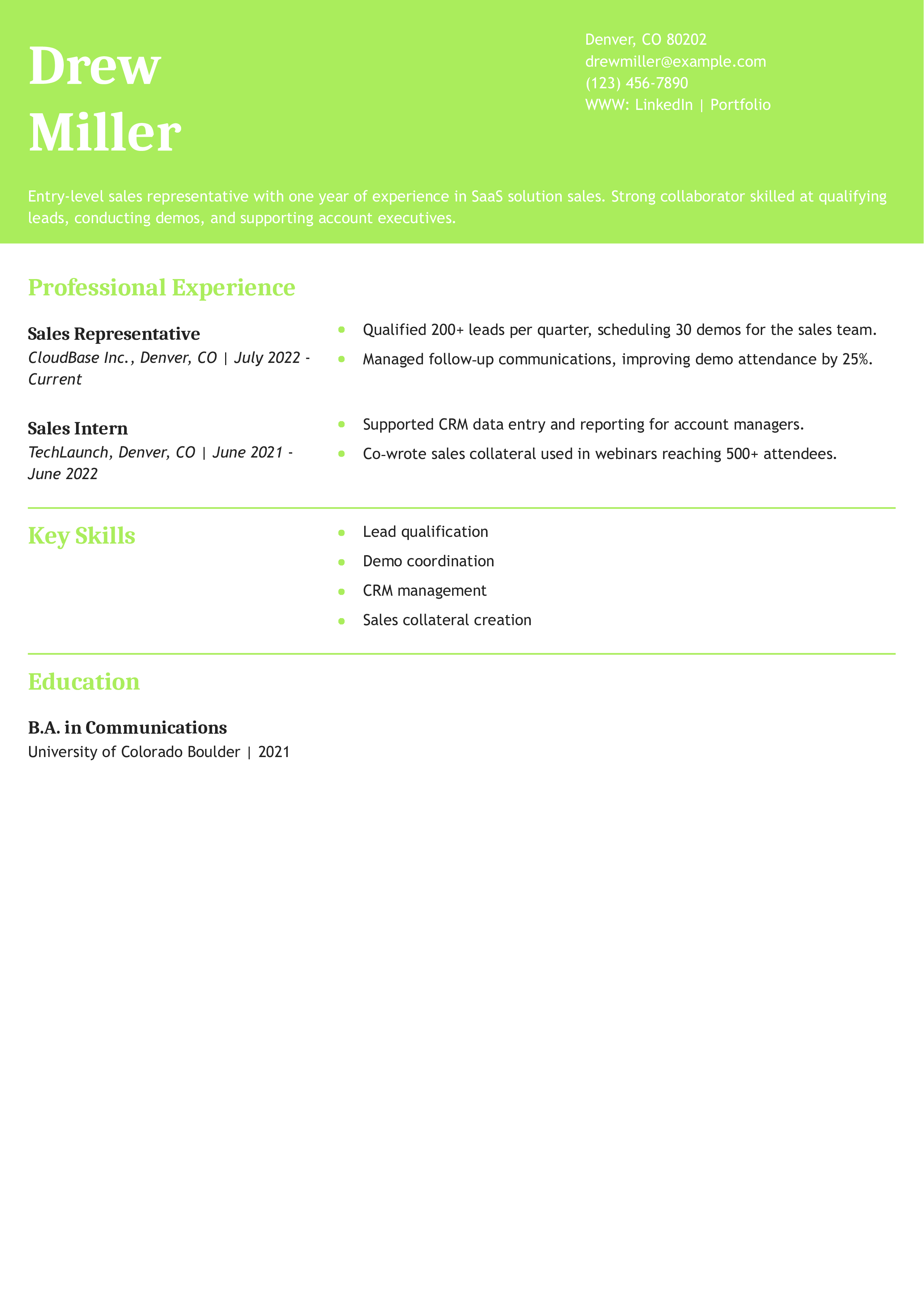 Junior Sales Representative Resume