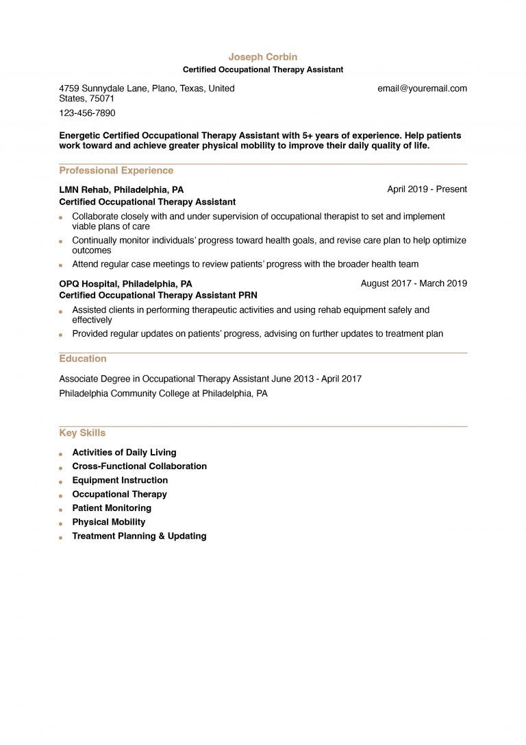 Certified Occupational Therapy Assistant Resume Examples And Templates