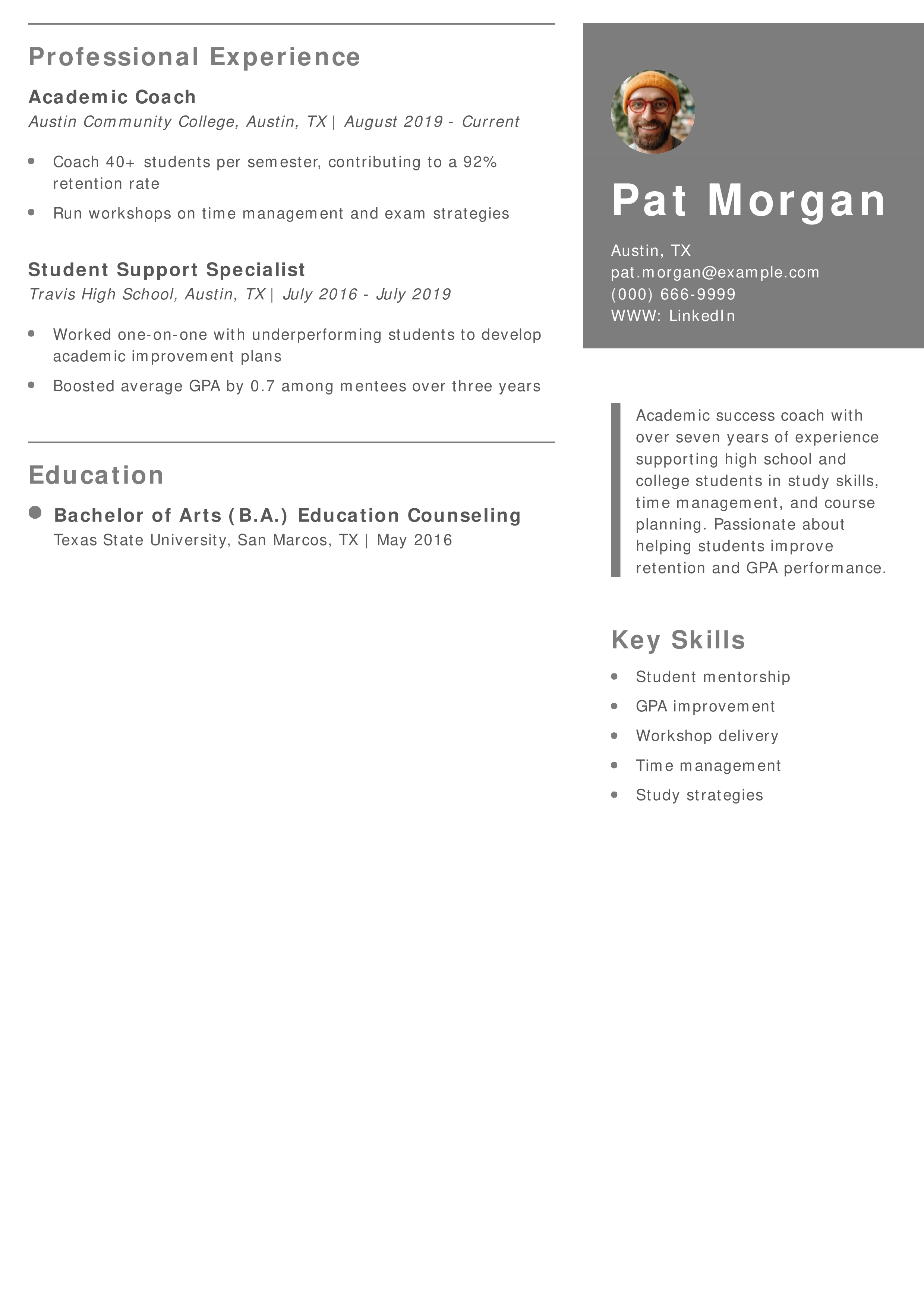 Academic Success Coach Resume Example