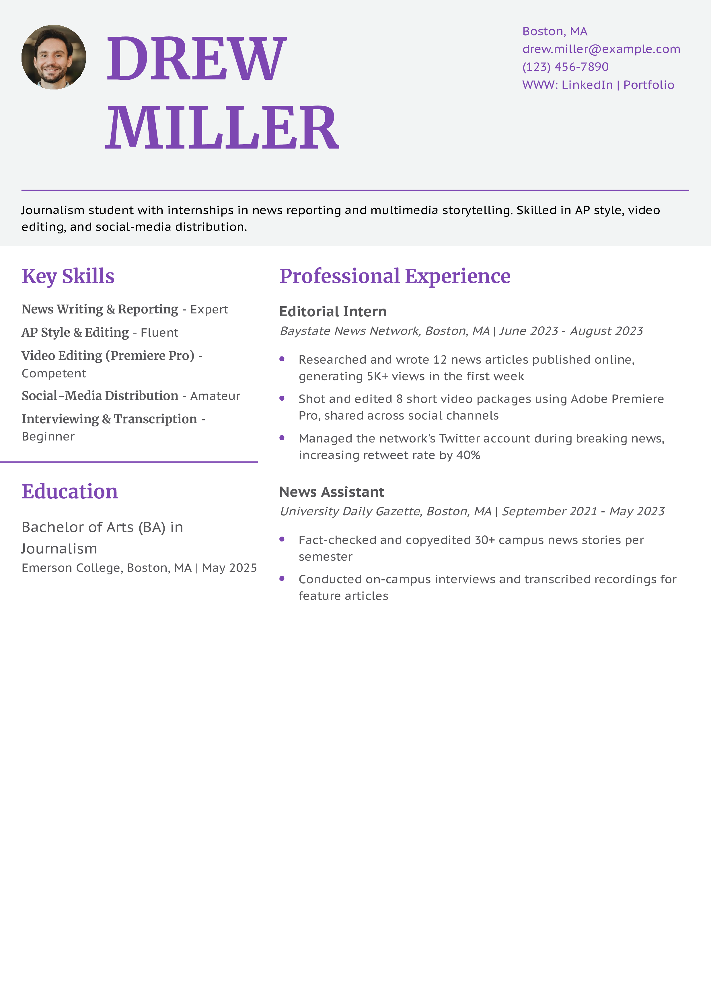 Journalism Internship Resume
