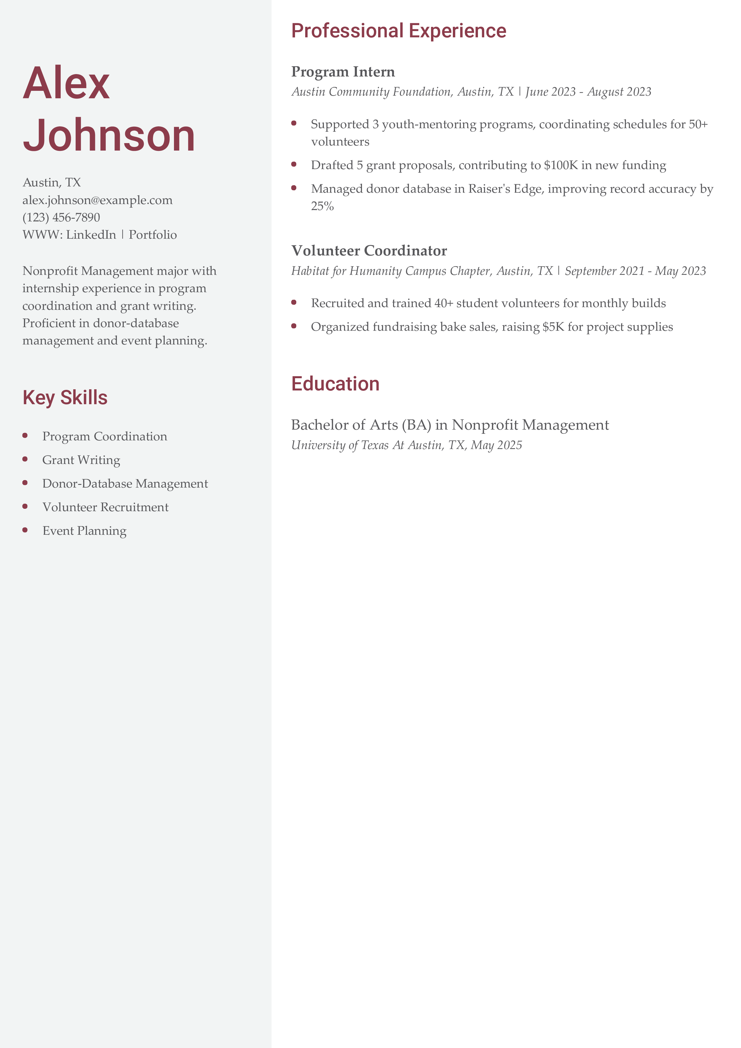 Nonprofit Management Internship Resume