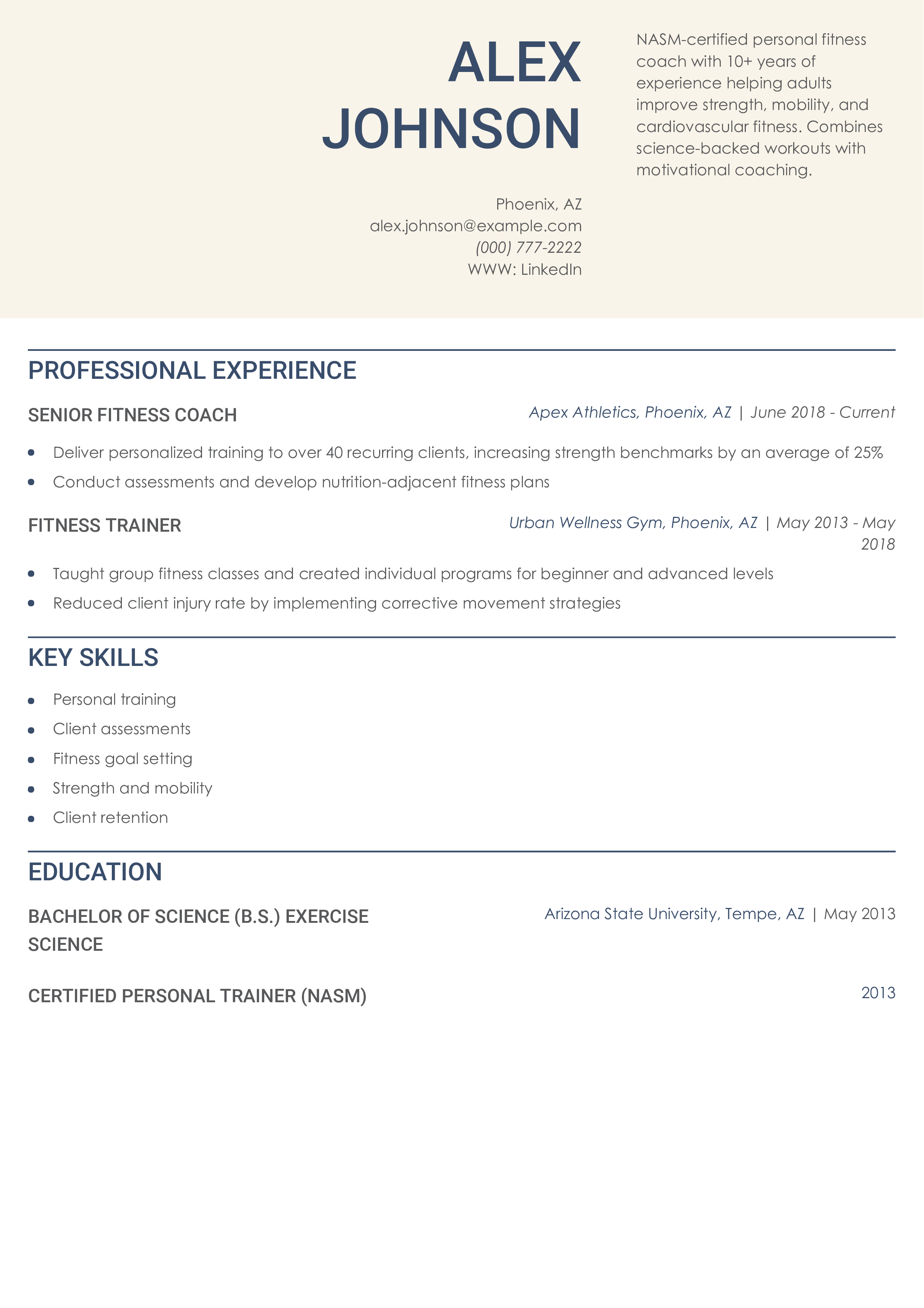 Personal Fitness Coach Resume Example