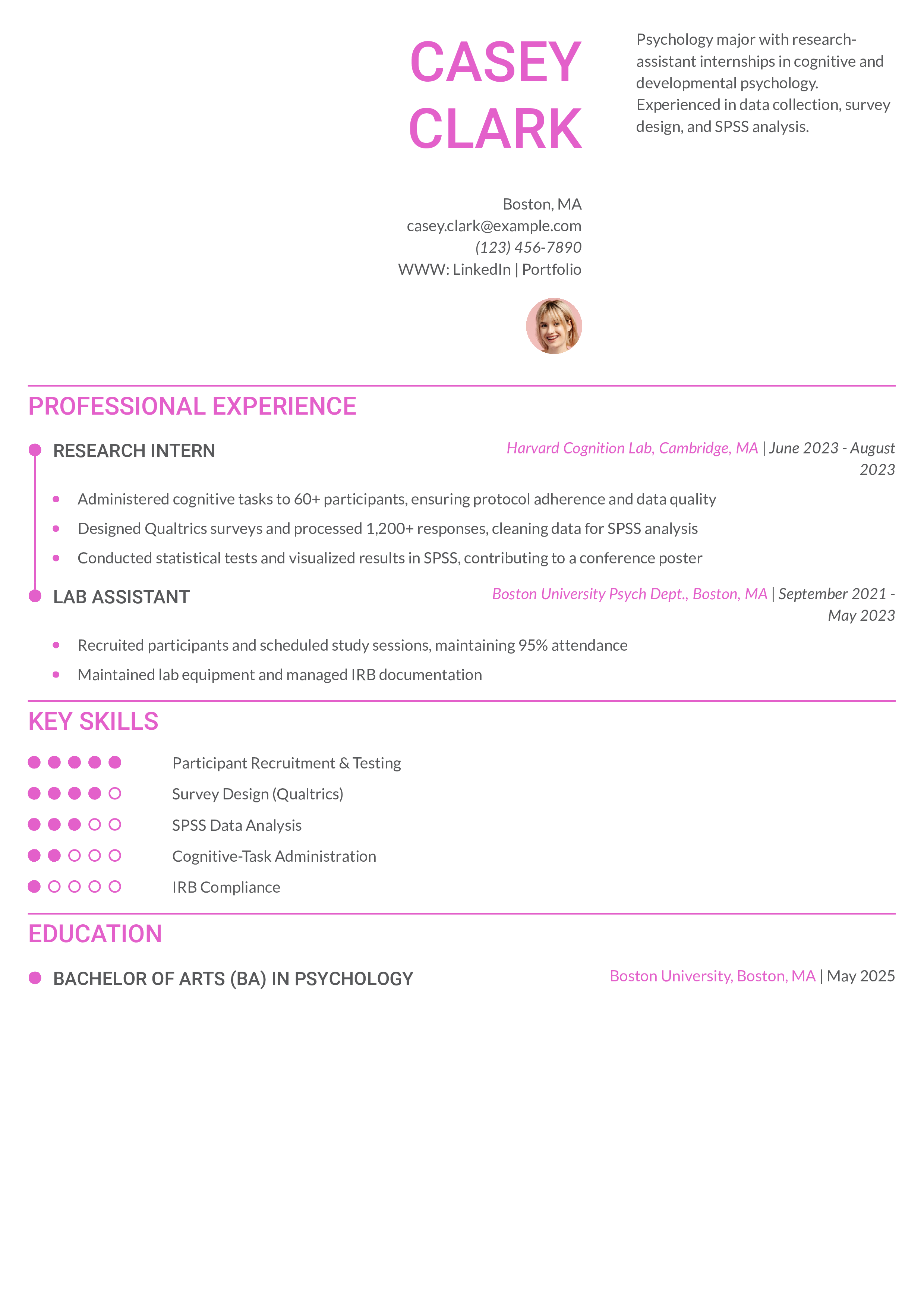Psychology Research Internship Resume