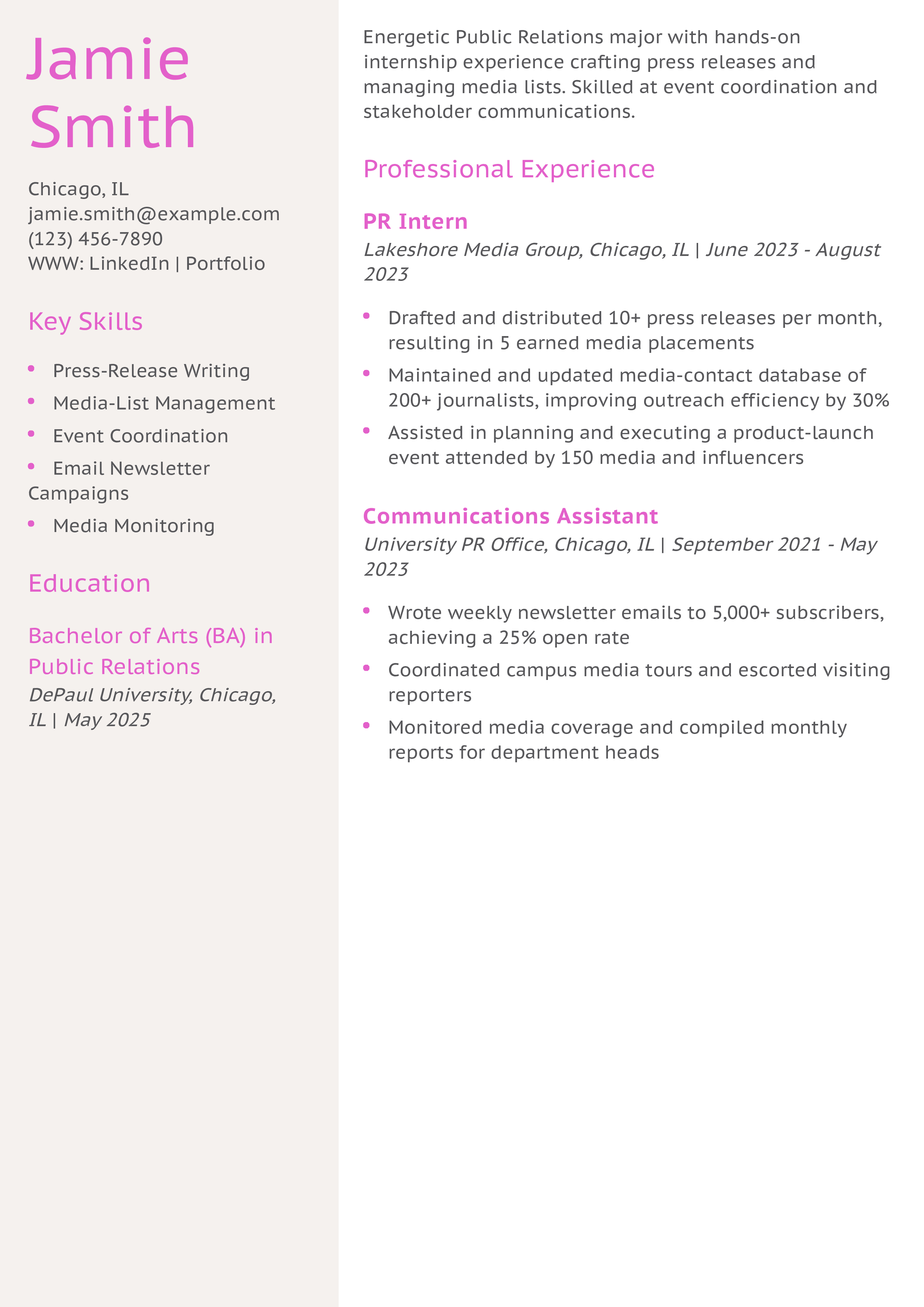 Public Relations Internship Resume