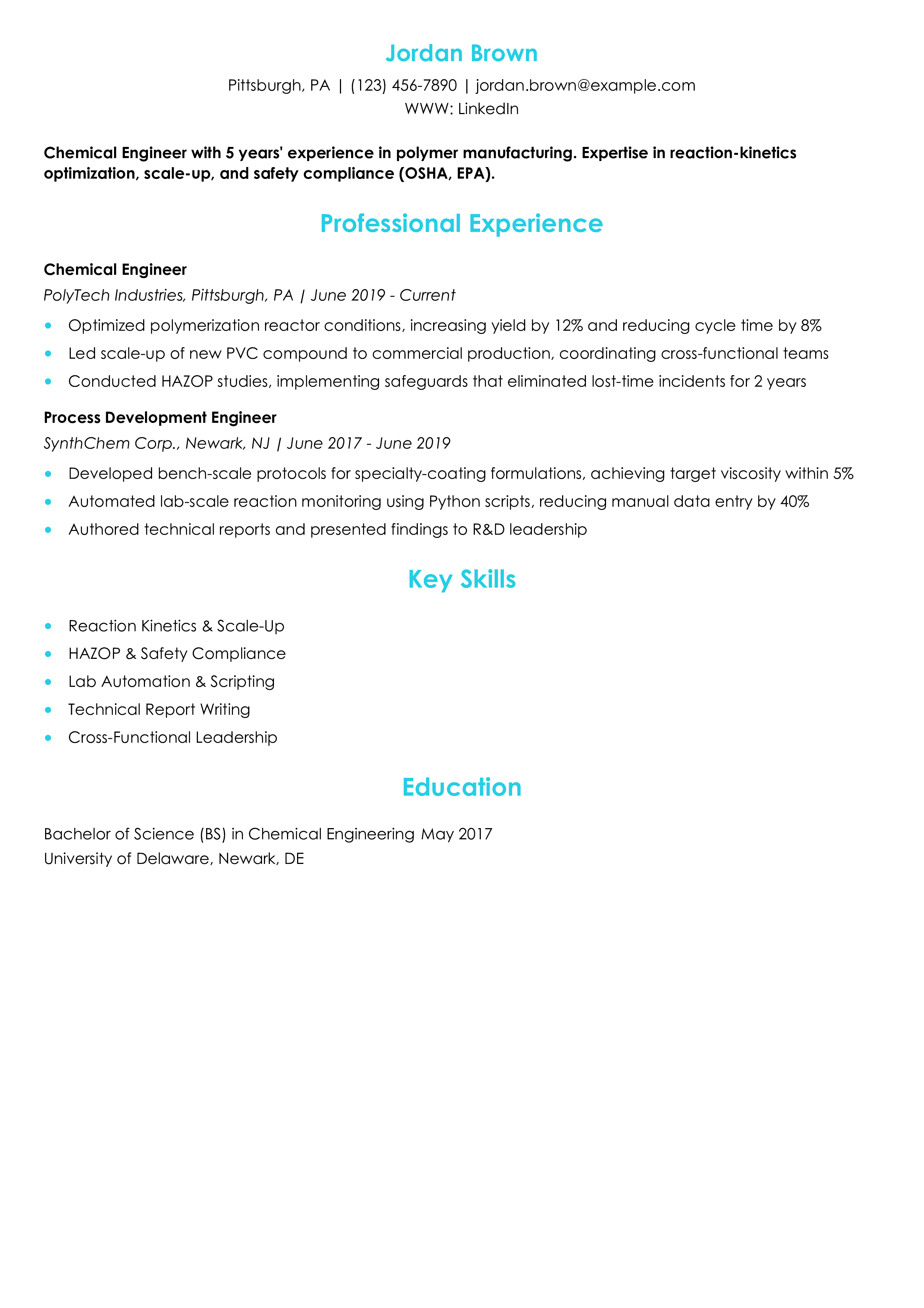 Chemical Engineer Resume
