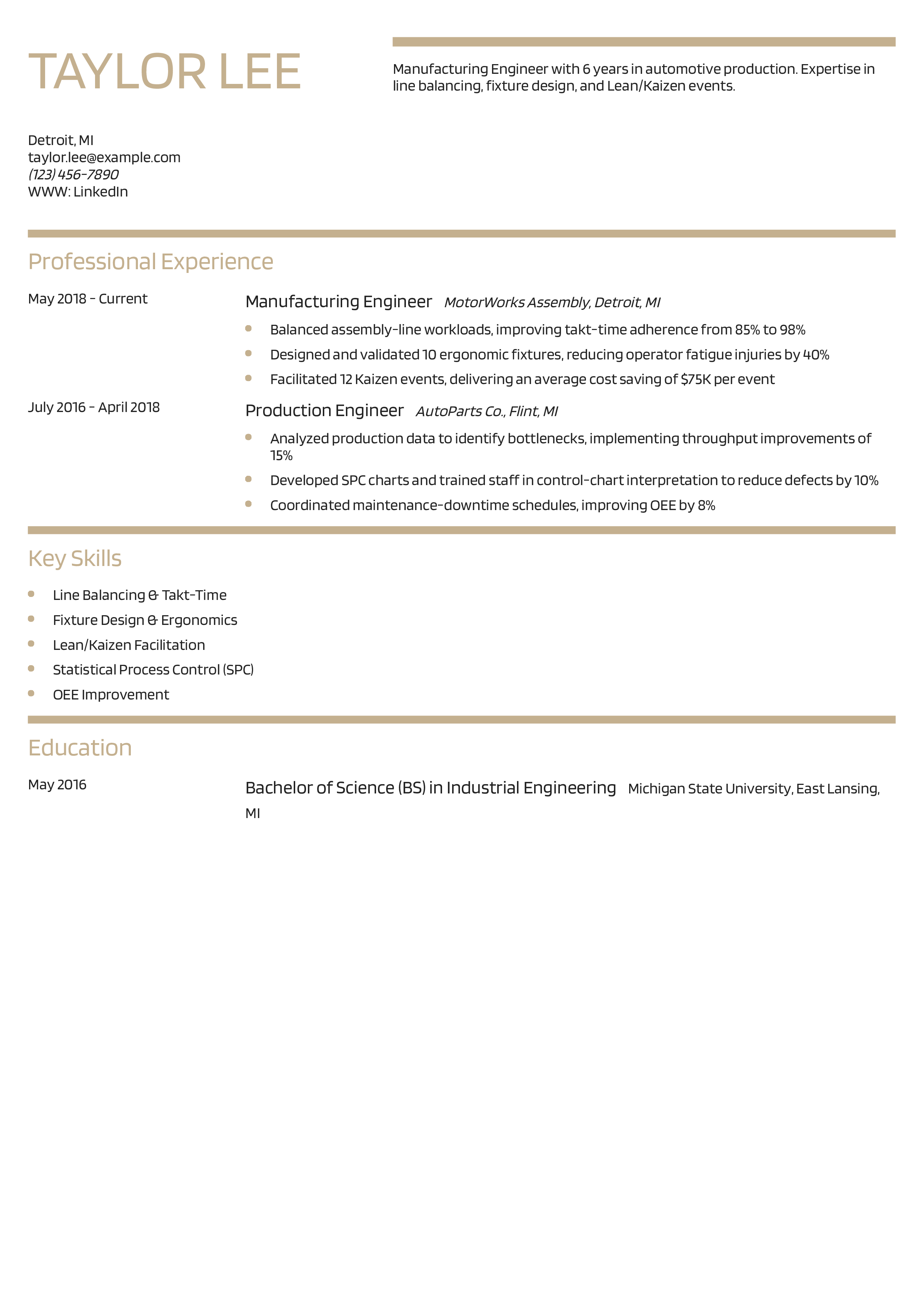Manufacturing Engineer Resume