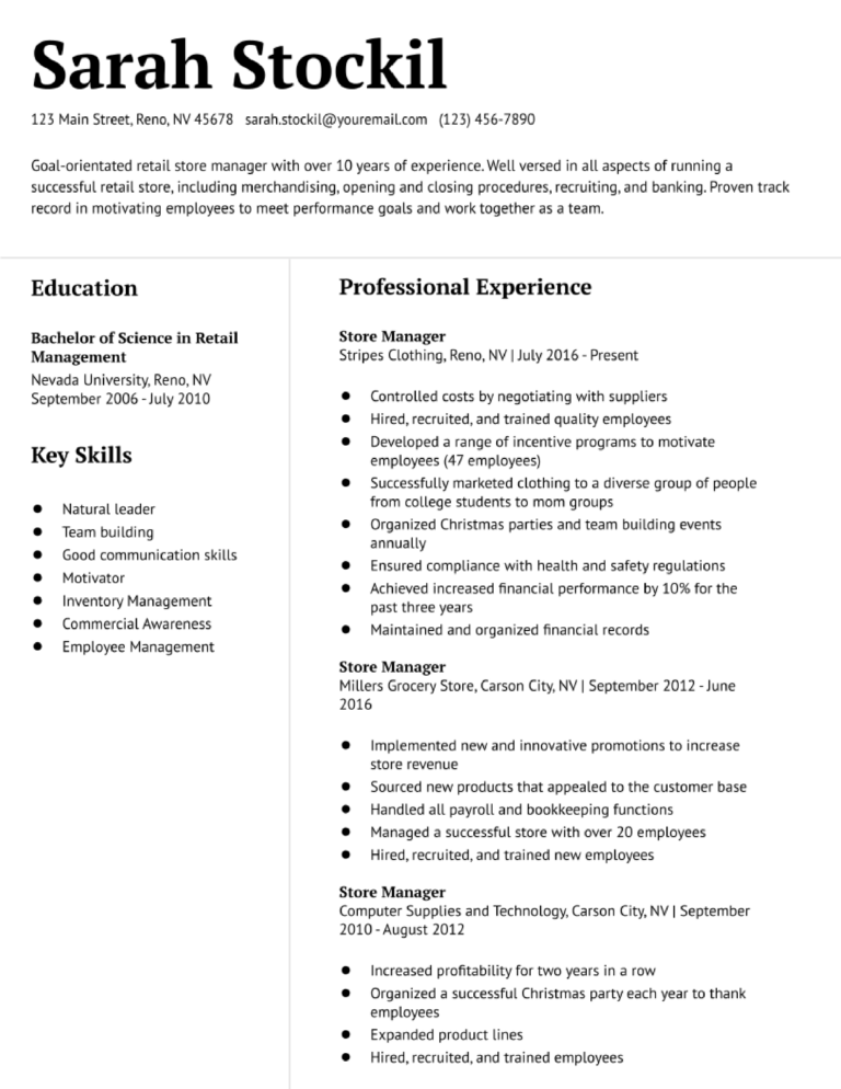 Store Manager Resume Example and Template