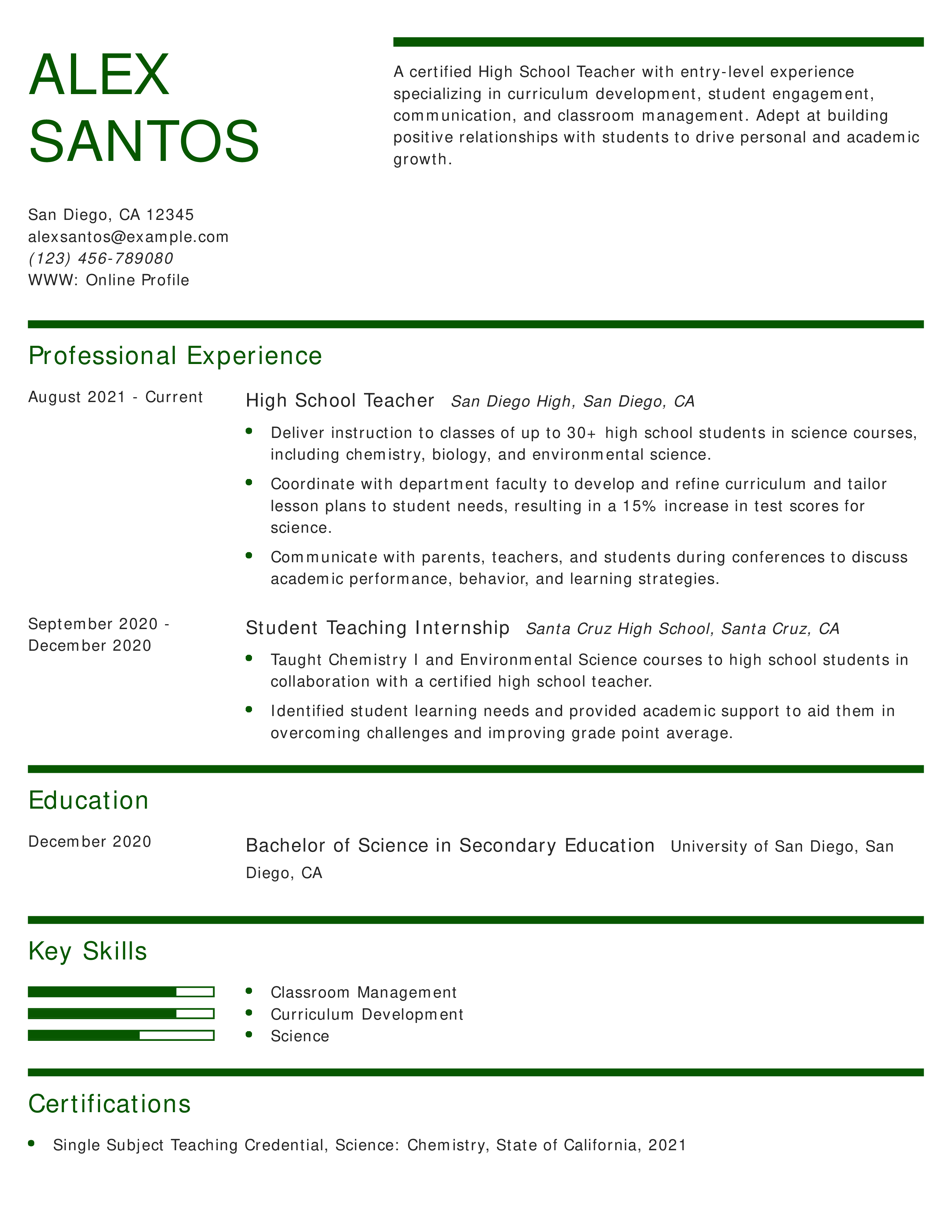 High School Teacher Resume
