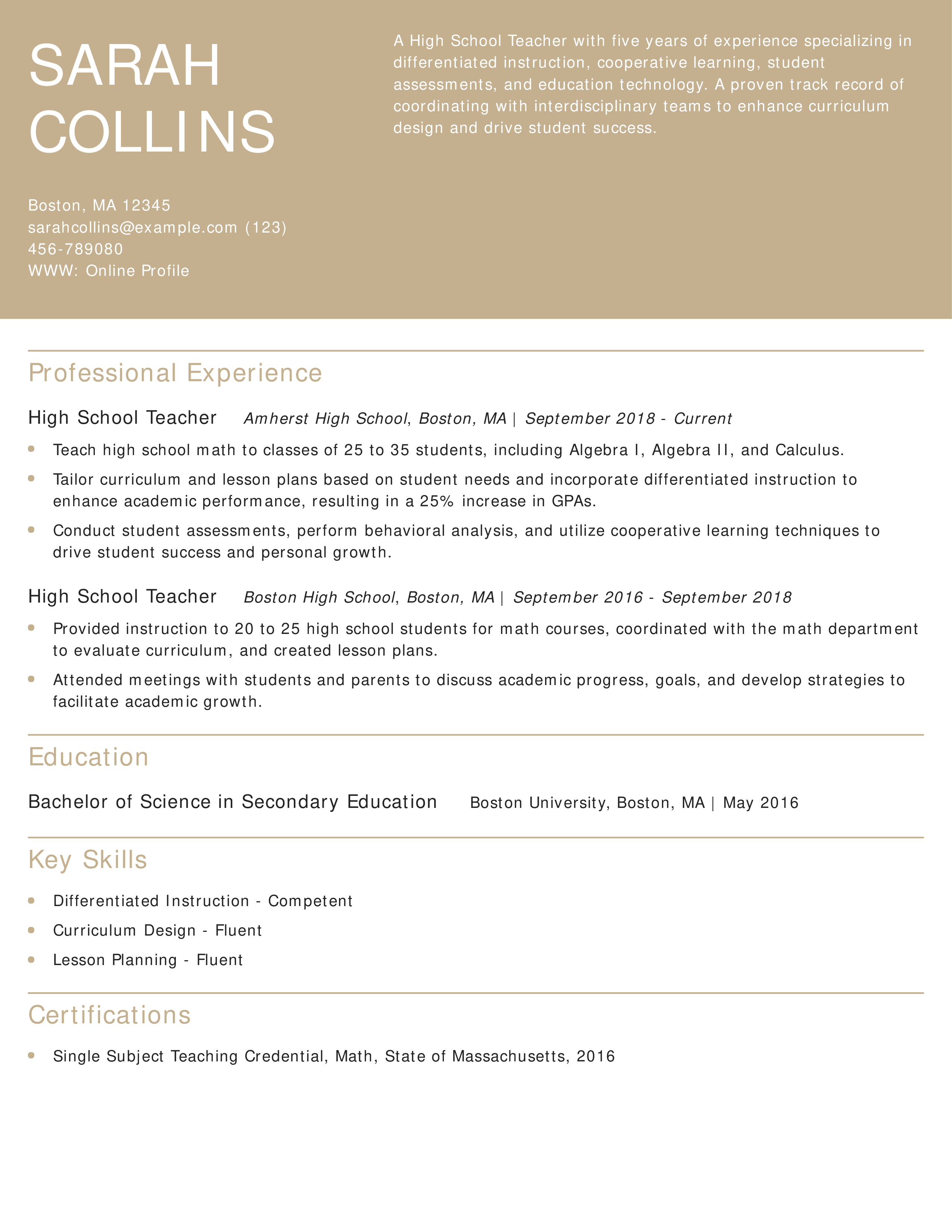 Modern High School Teacher Resume