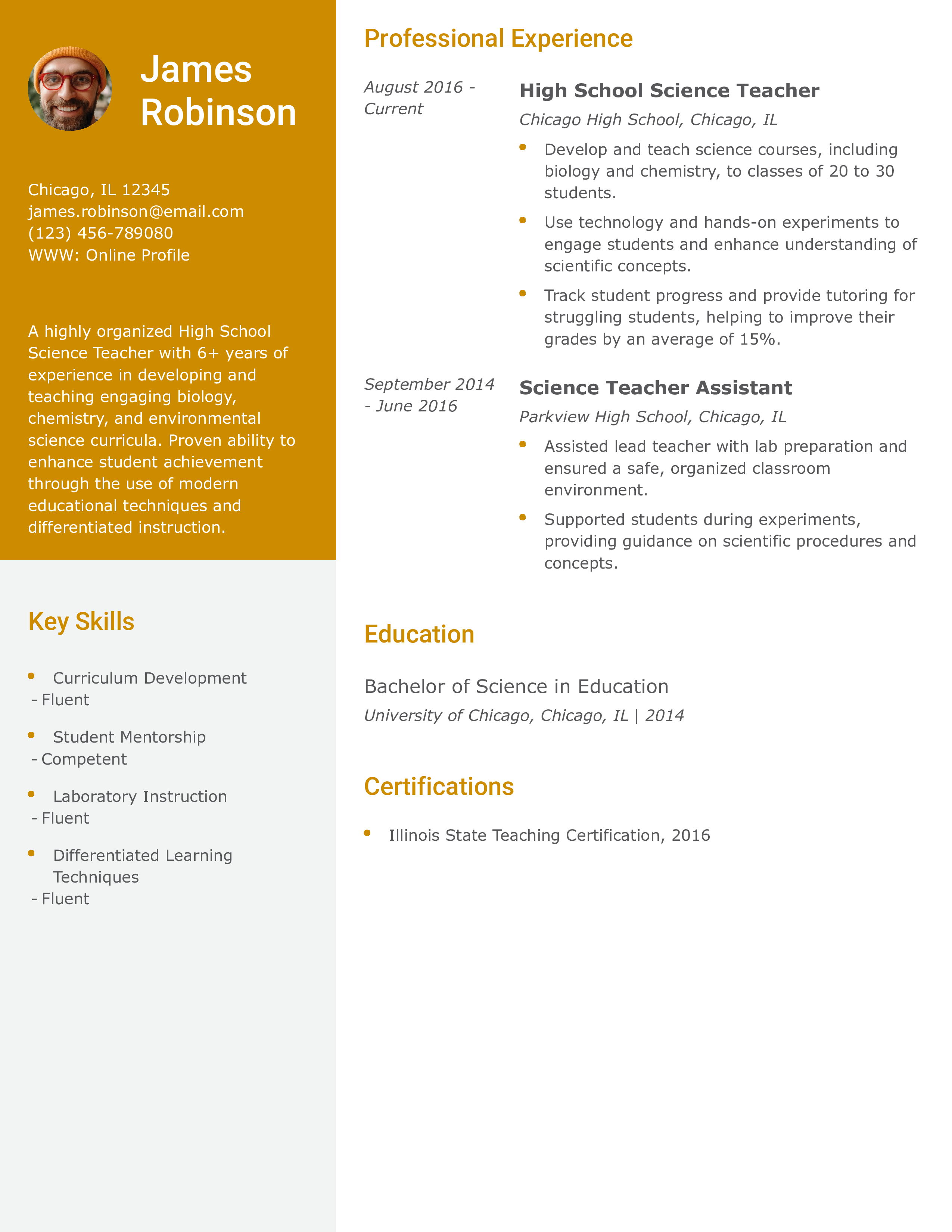 High School Science Teacher Resume