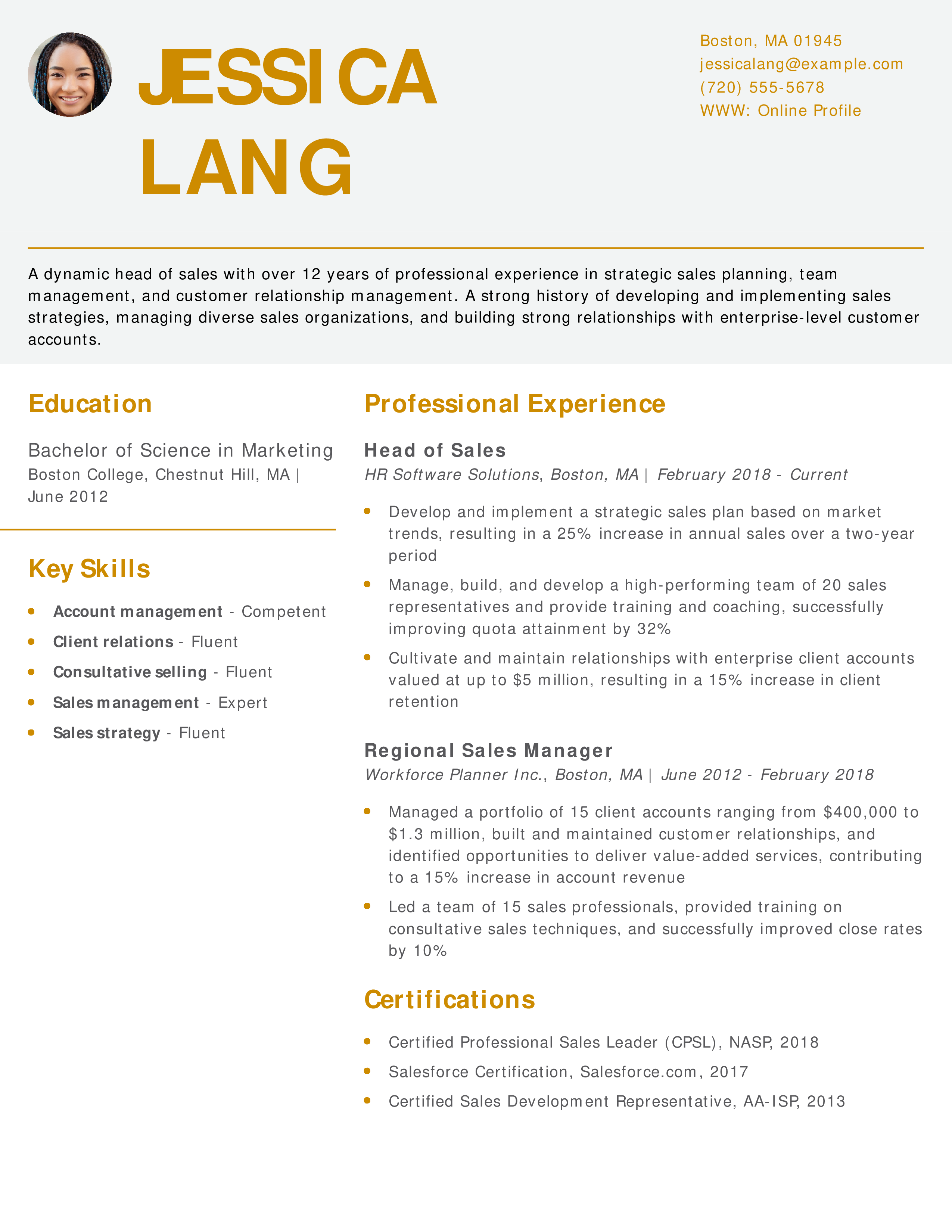 Head of Sales Resume