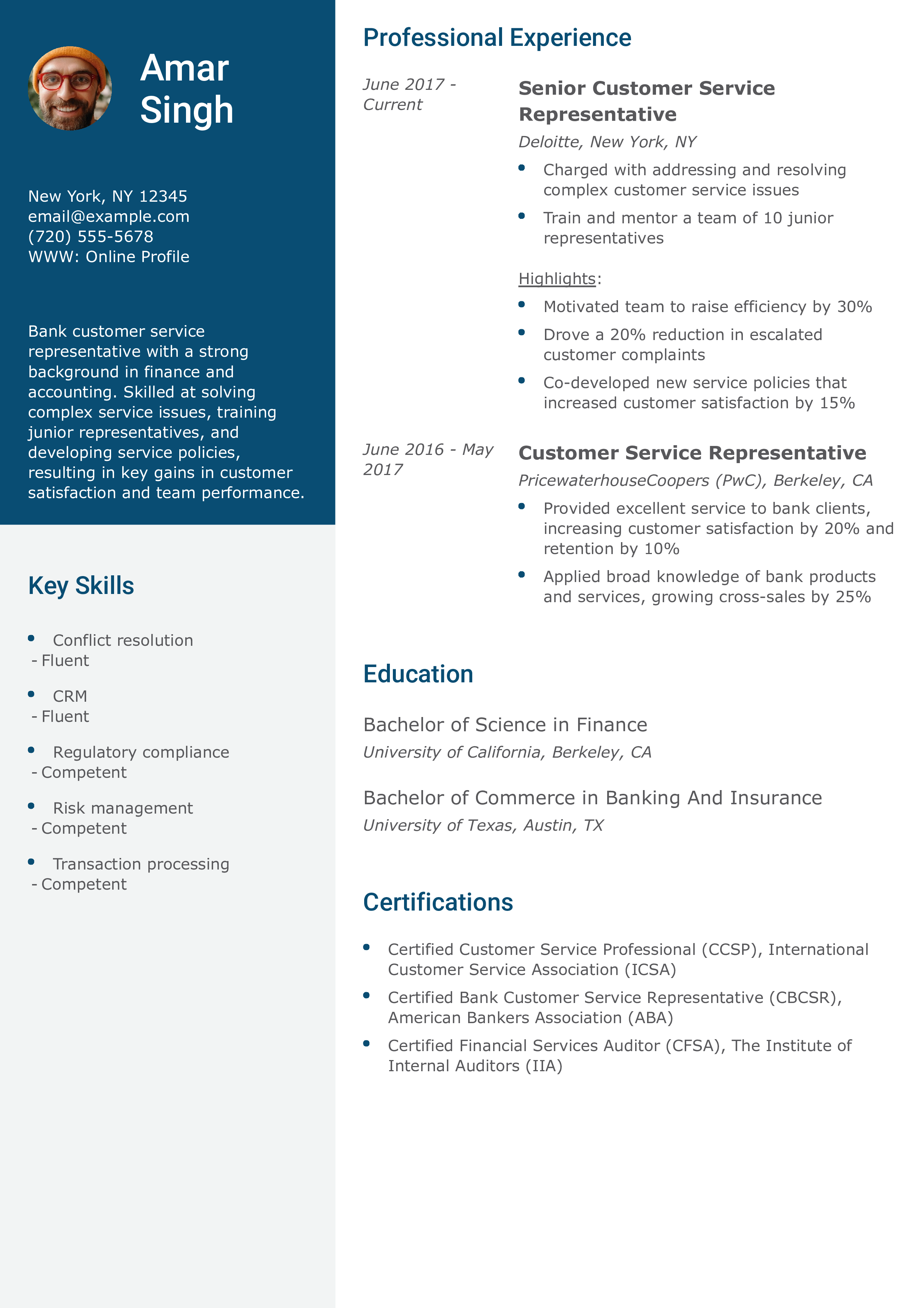 Bank Customer Service Representative Resume