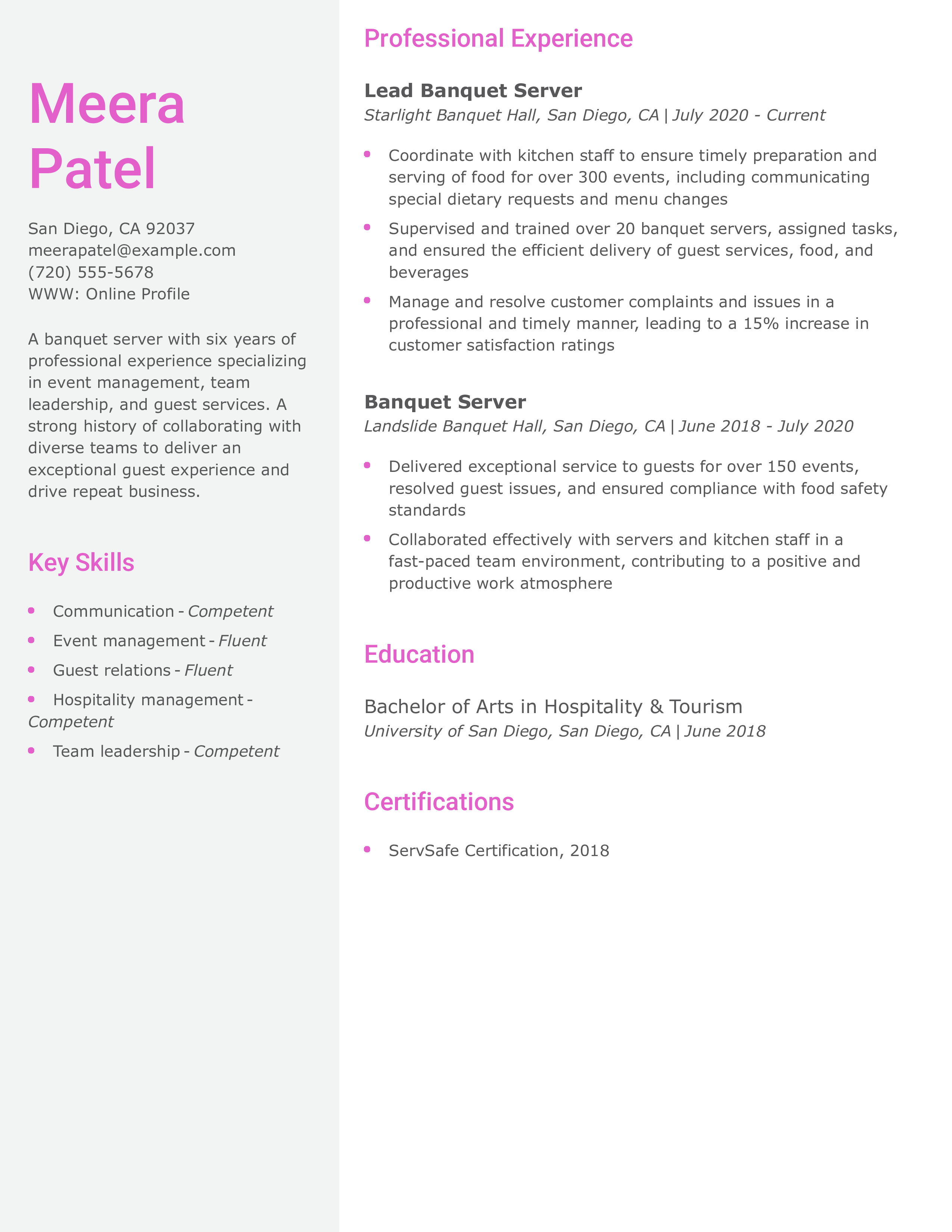 Banquet Server Resume
