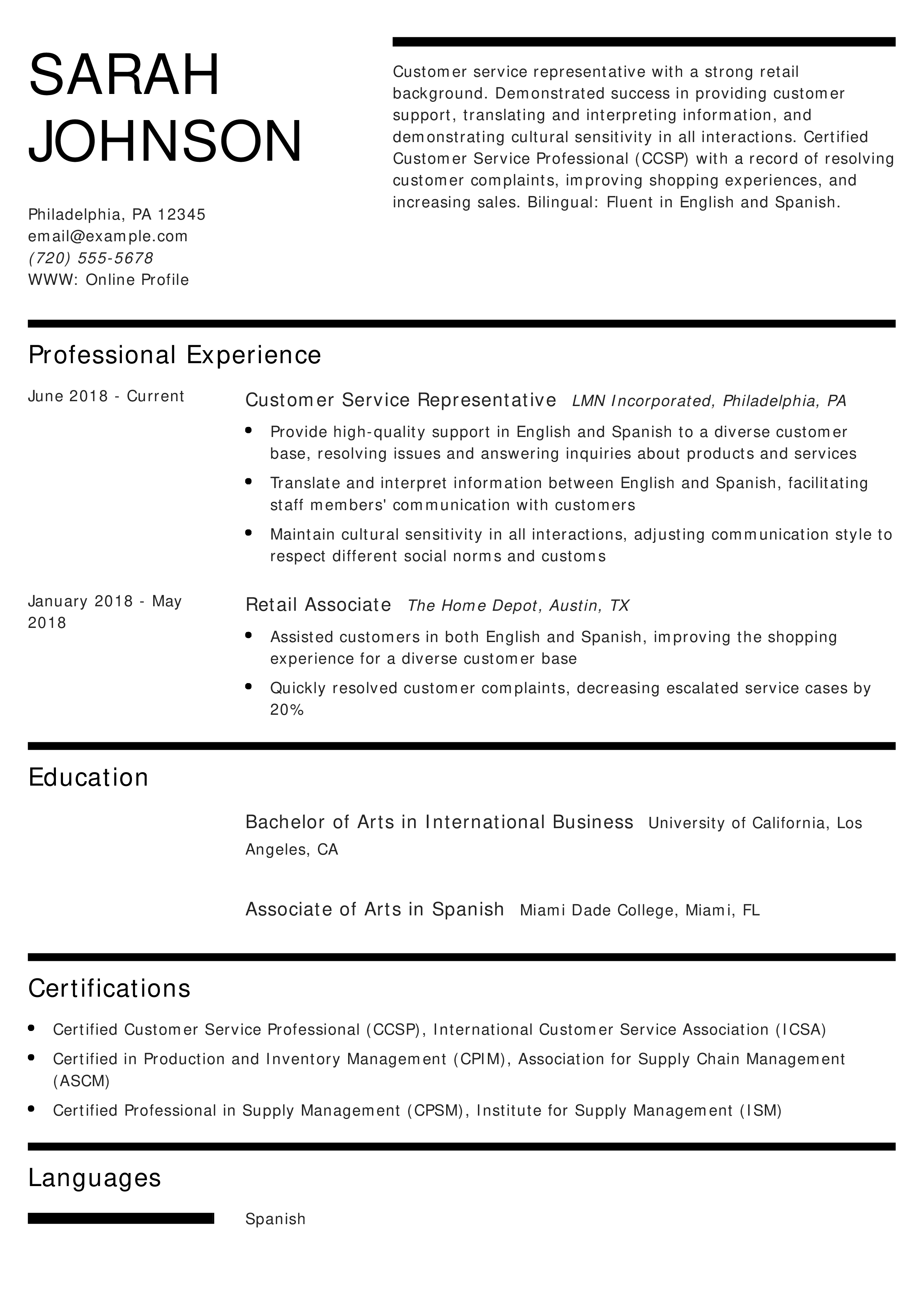 Bilingual Customer Service Representative Resume
