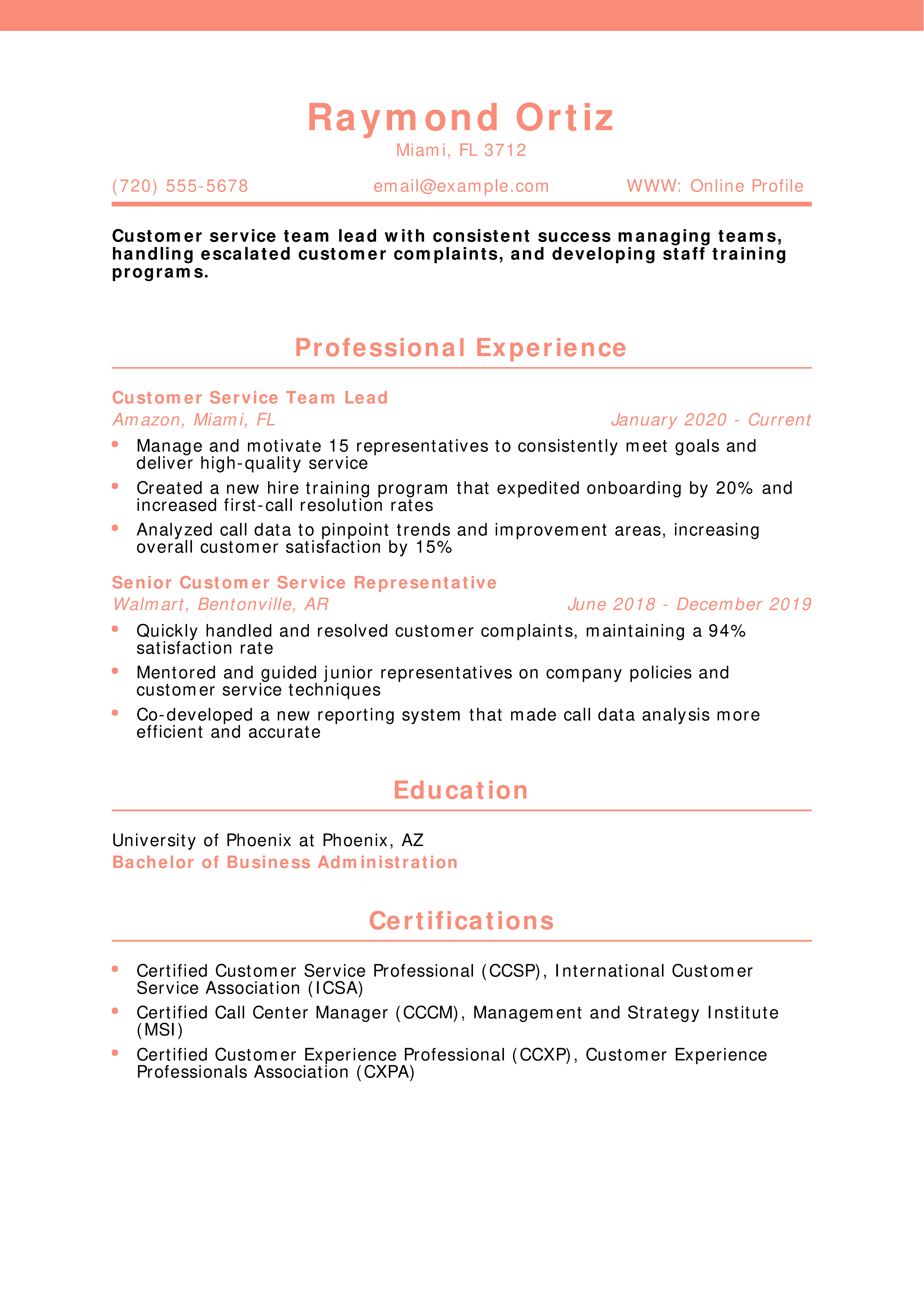 Call Center Customer Service Representative Resume