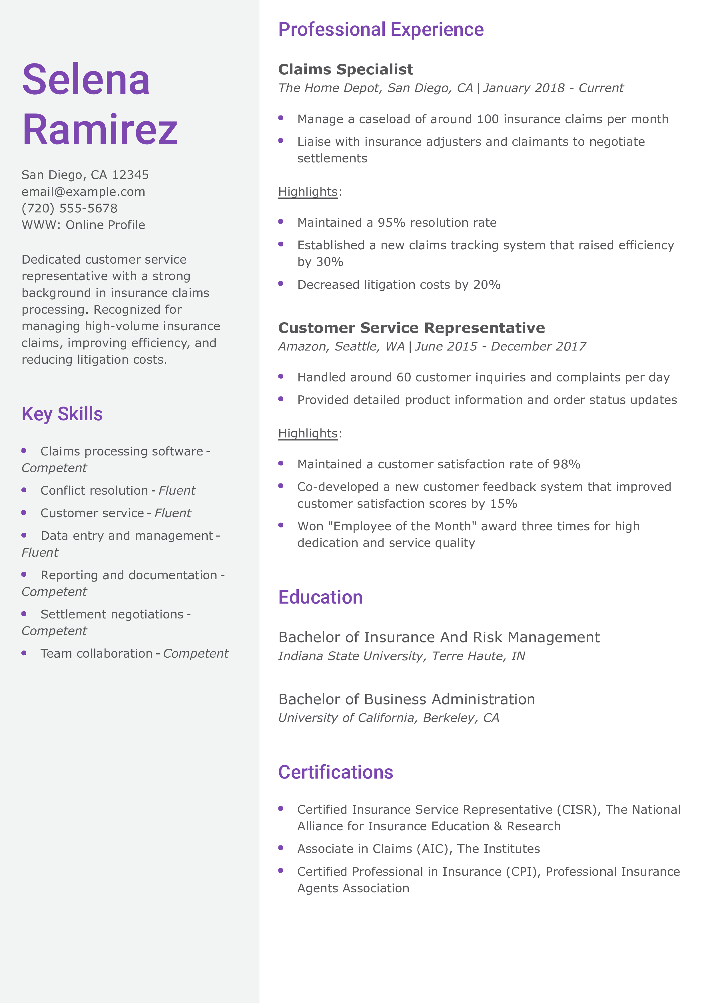 Claims Customer Service Representative Resume