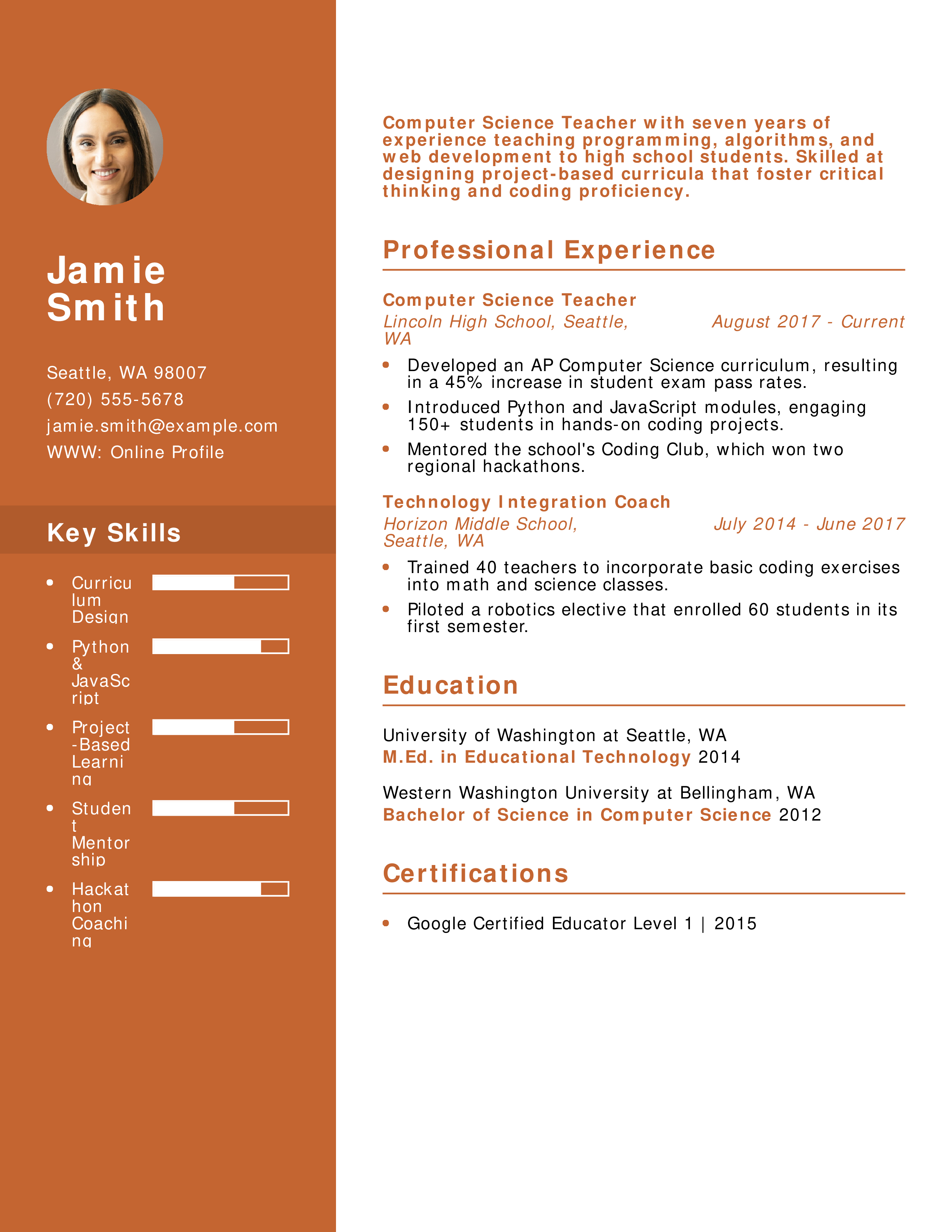 Computer Science Teacher Resume