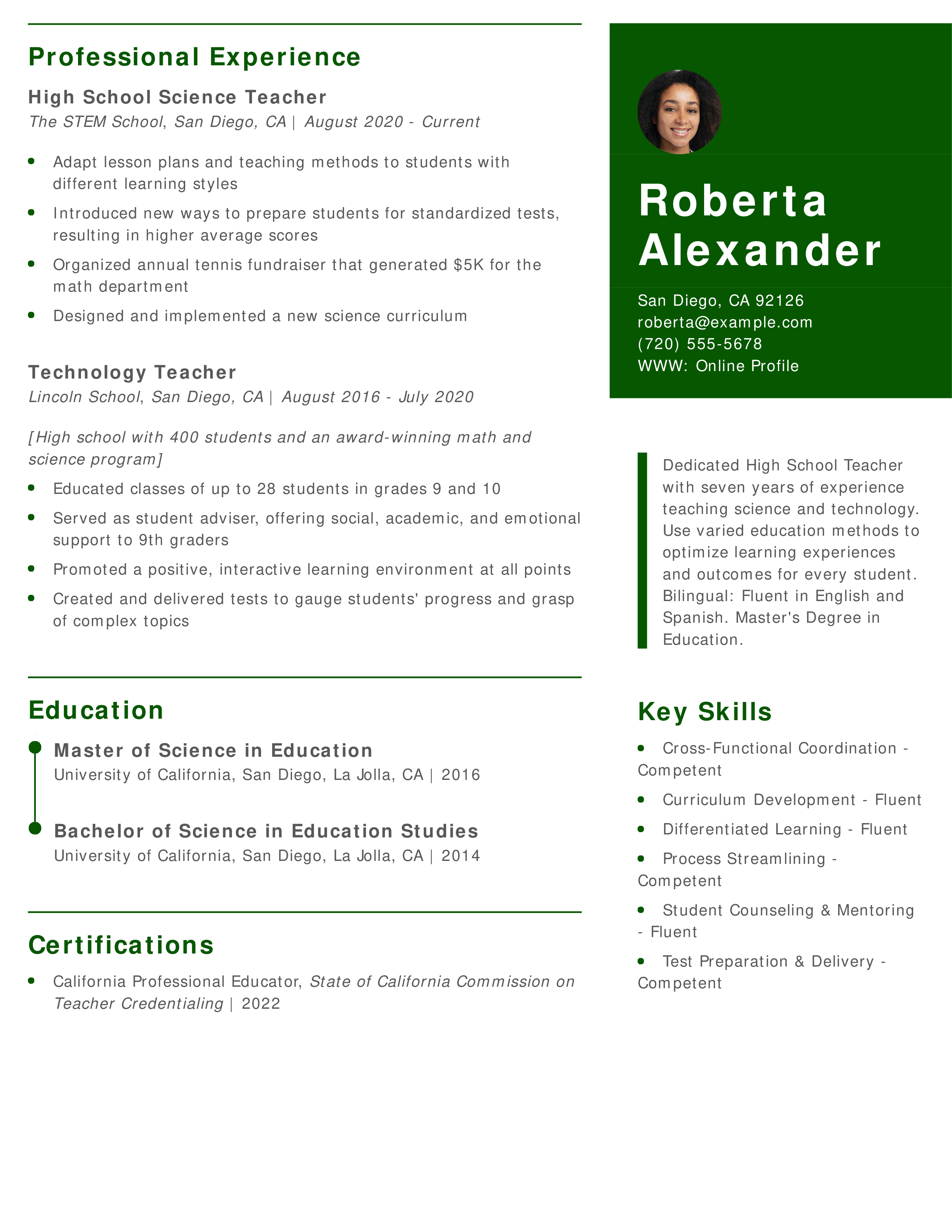 High School Teacher Resume