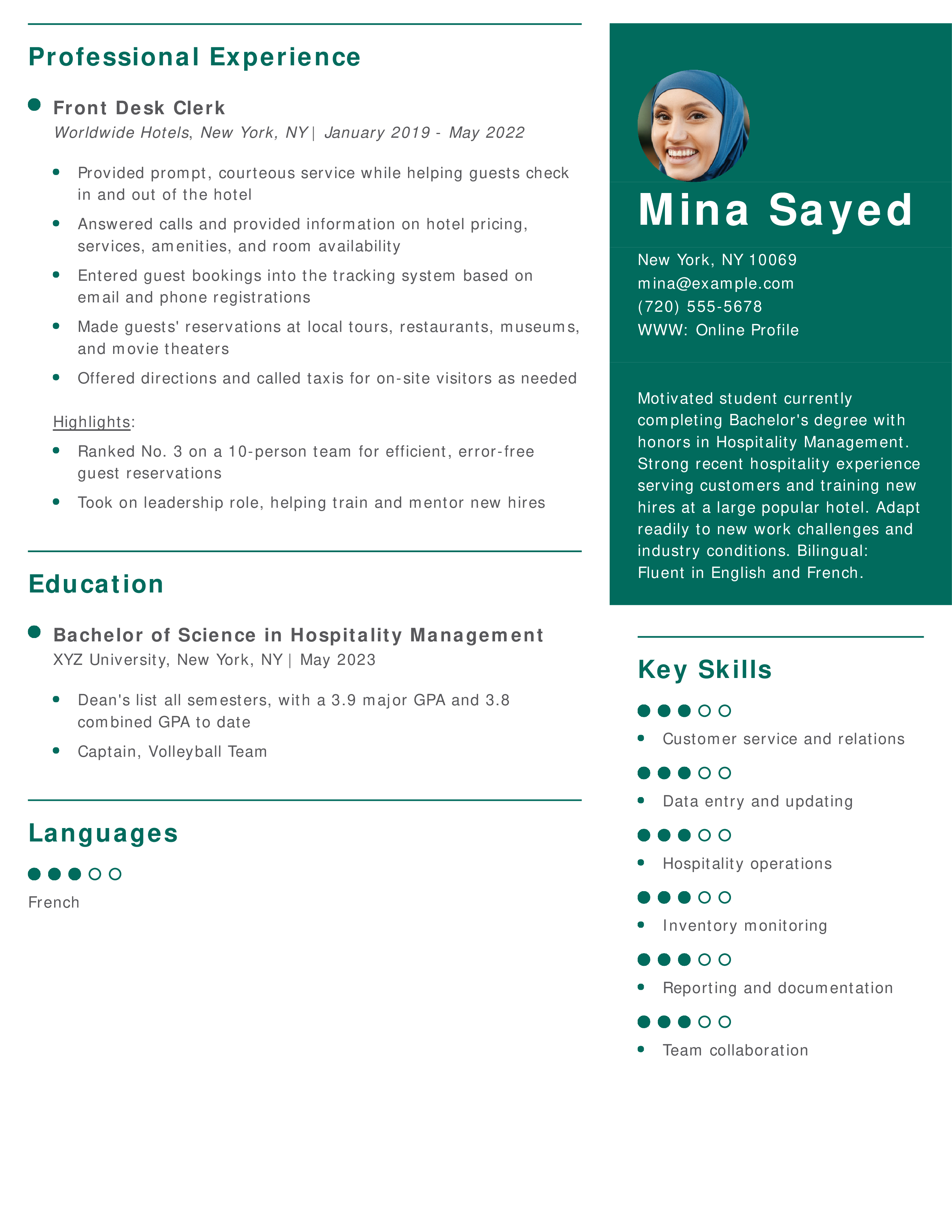 Hospitality Intern Resume