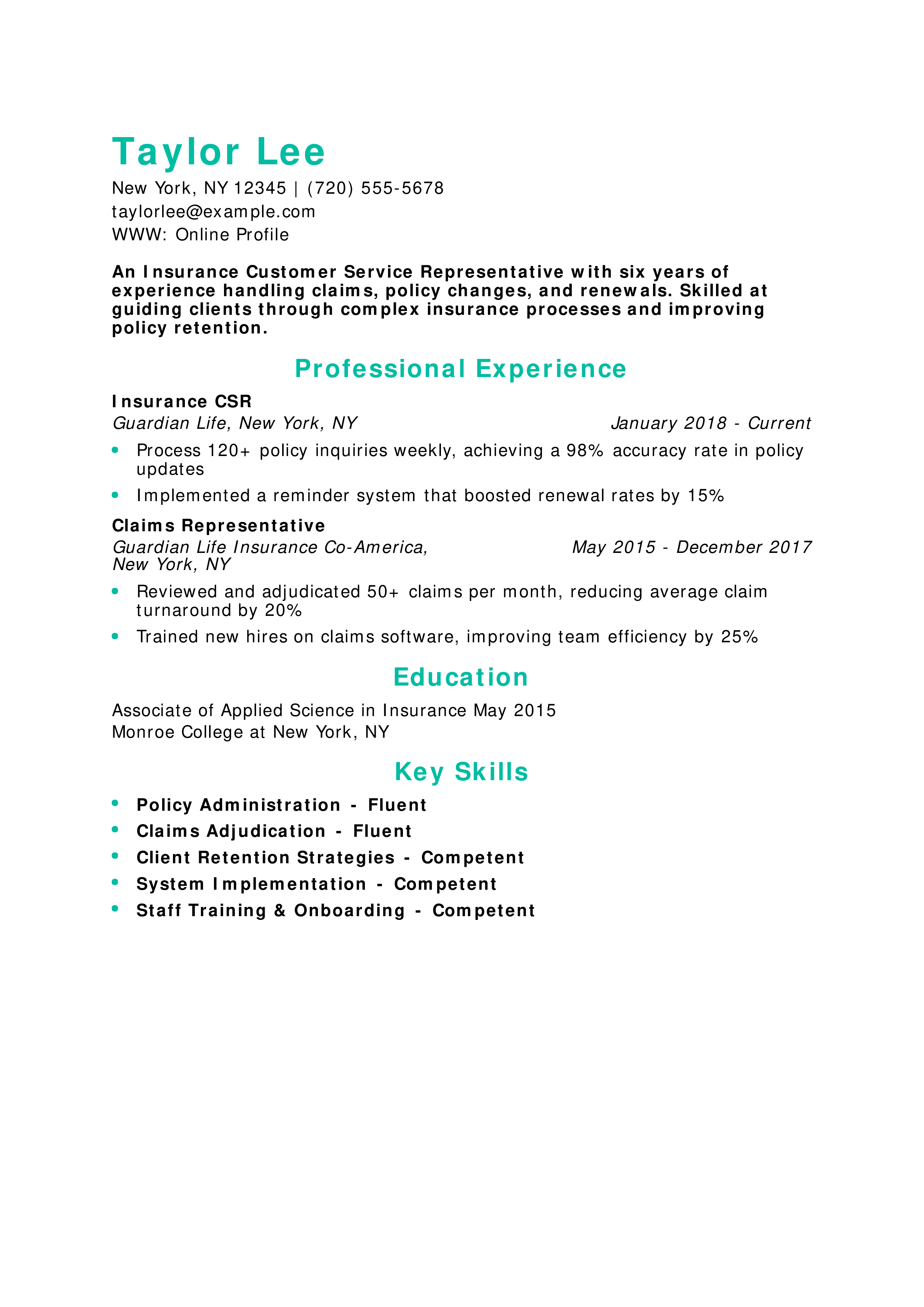 Insurance Customer Service Representative Resume