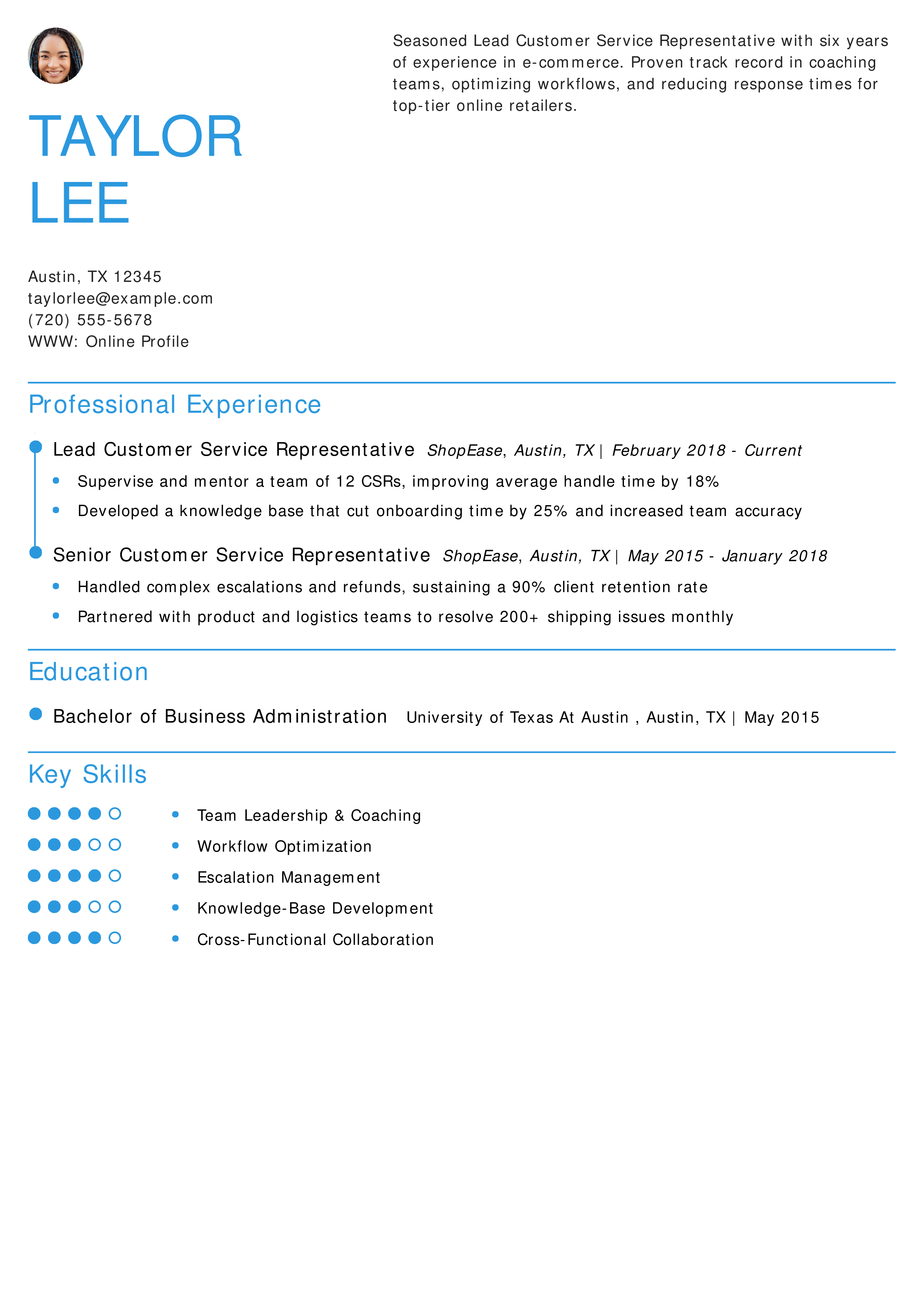 Lead Customer Service Representative Resume