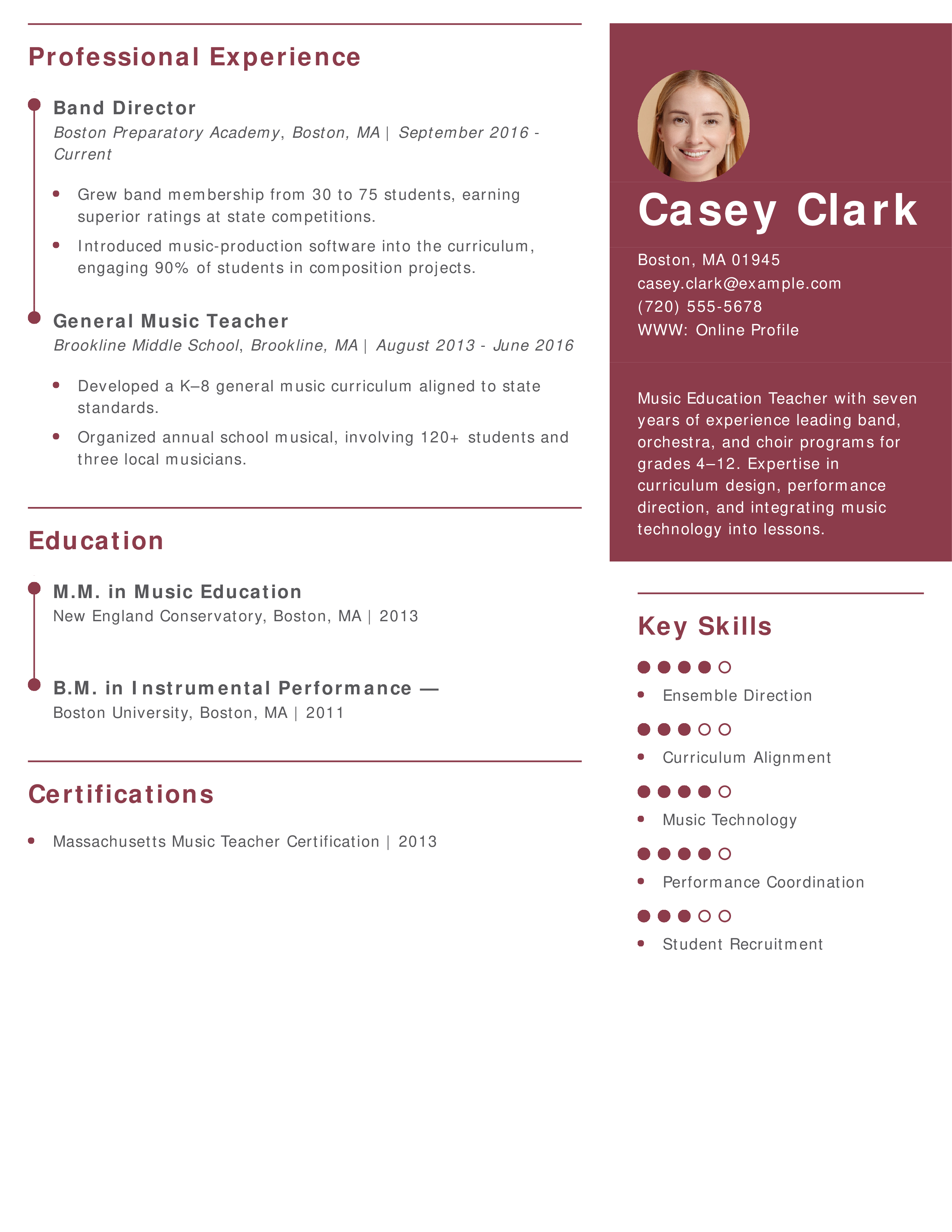 Music Education Teacher Resume