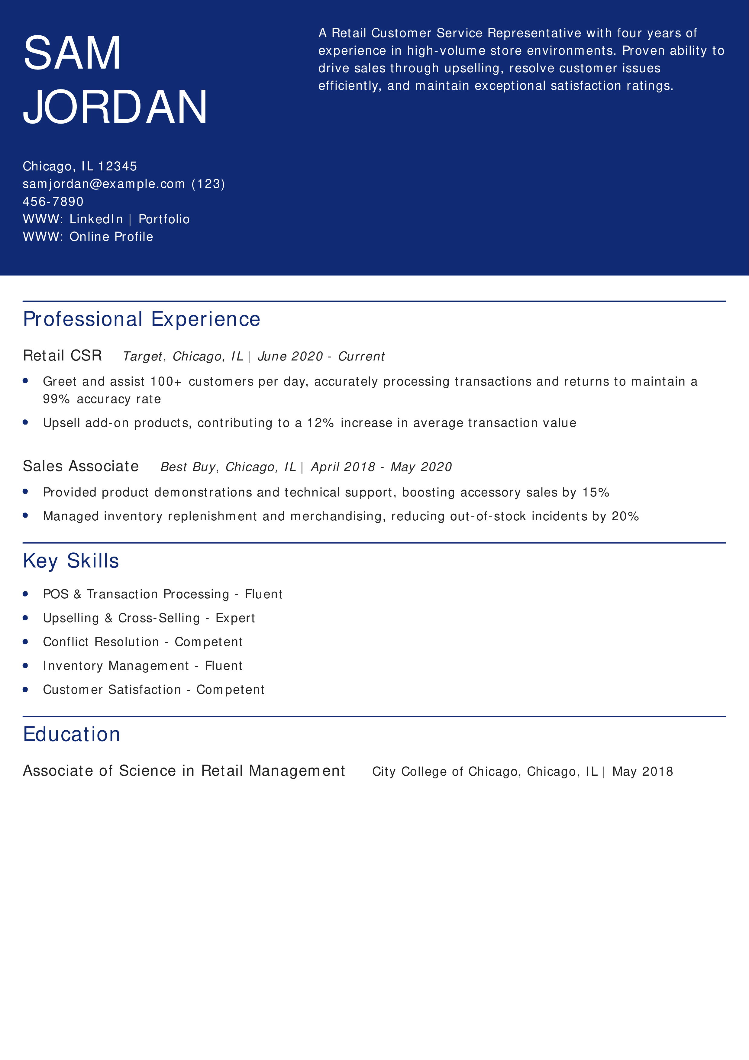 Retail Customer Service Representative Resume