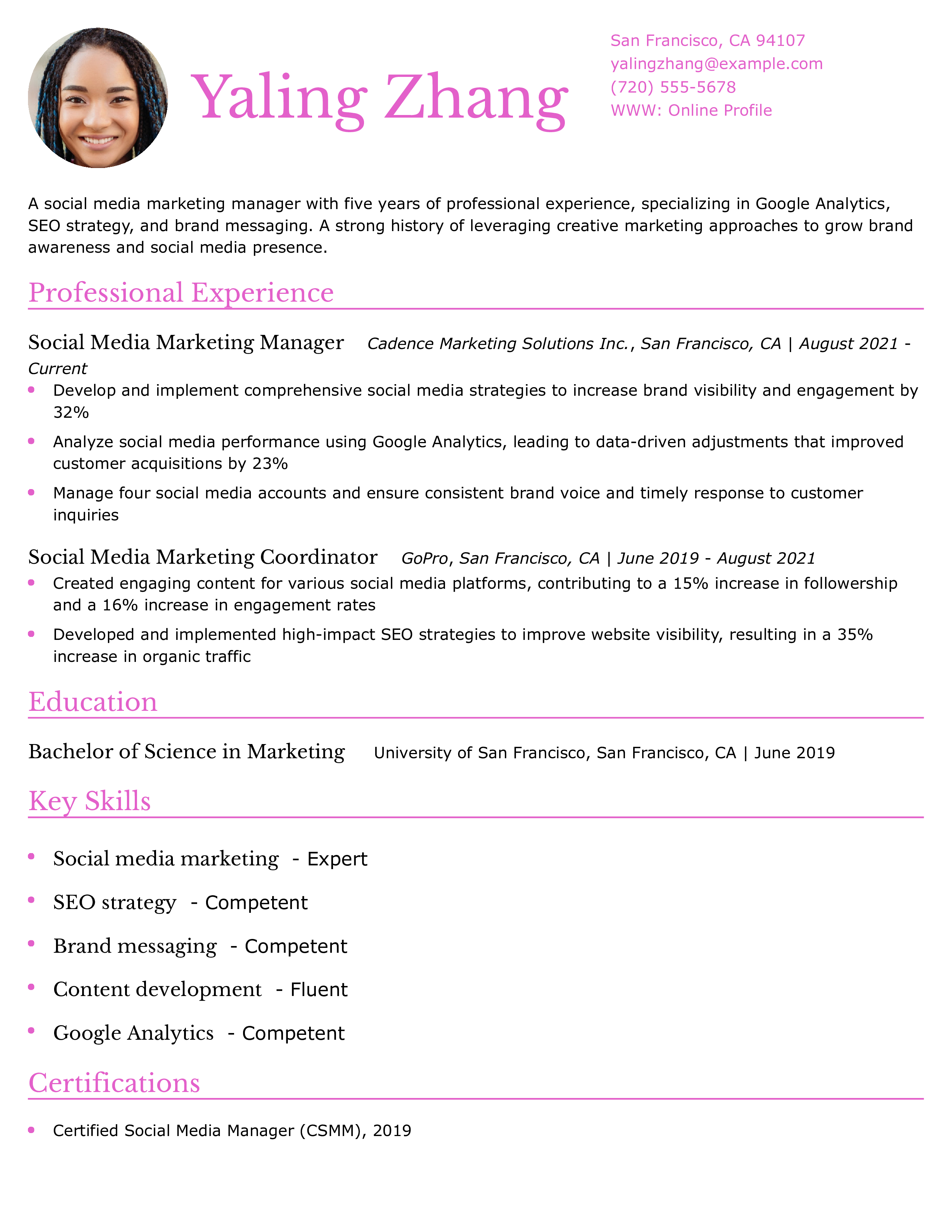 Social Media Marketing Resume