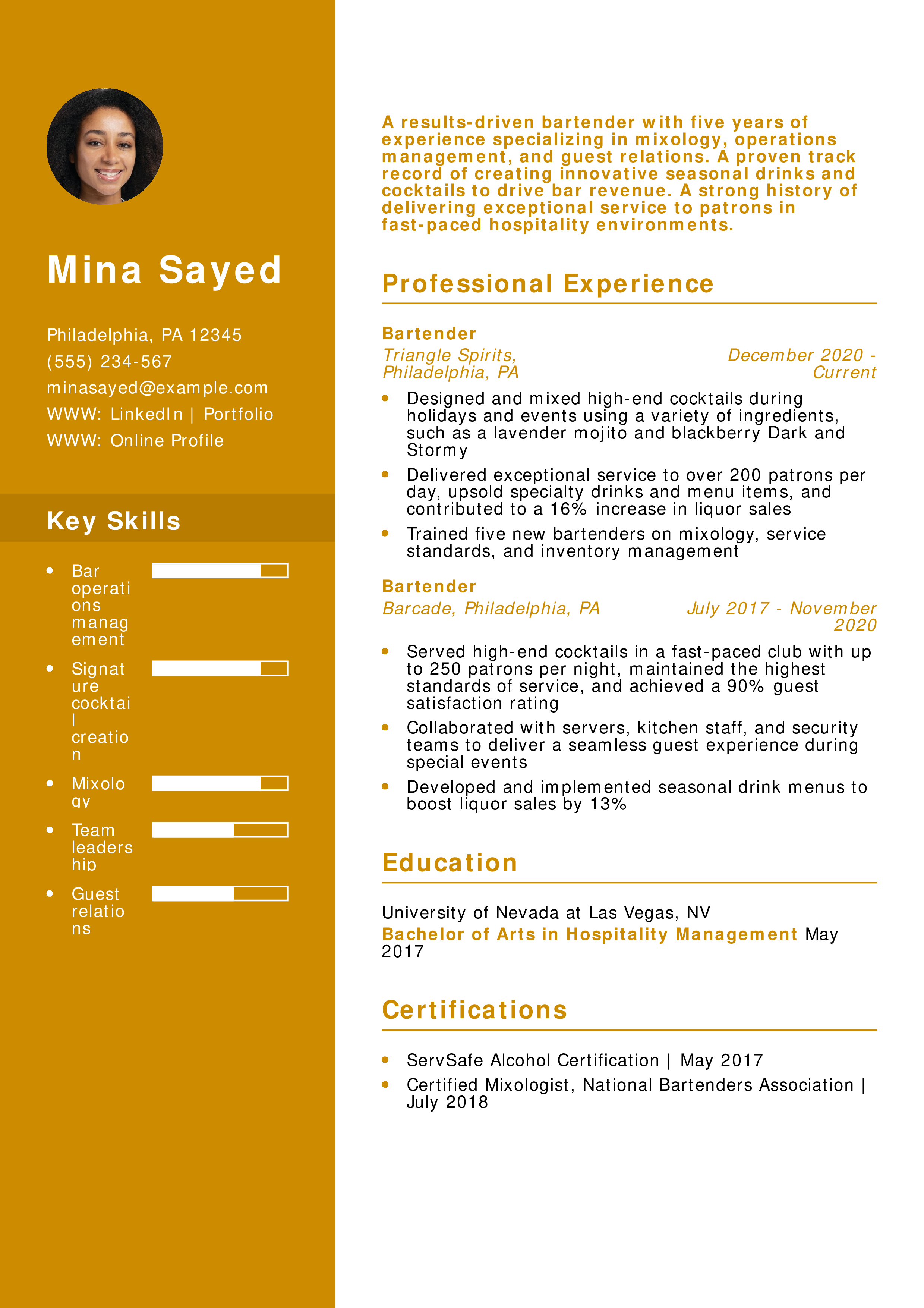Bartender Resume