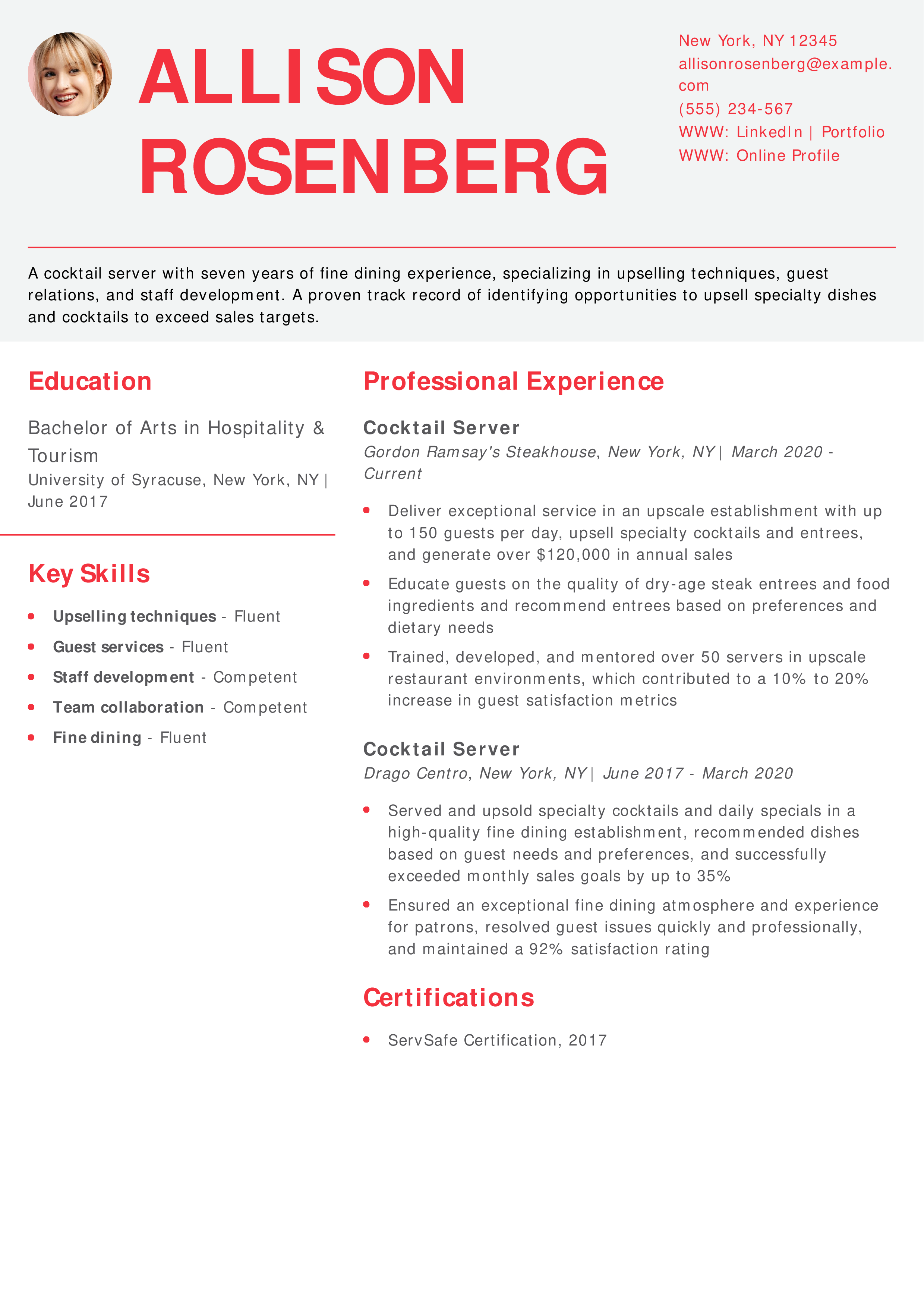 Cocktail Server Resume