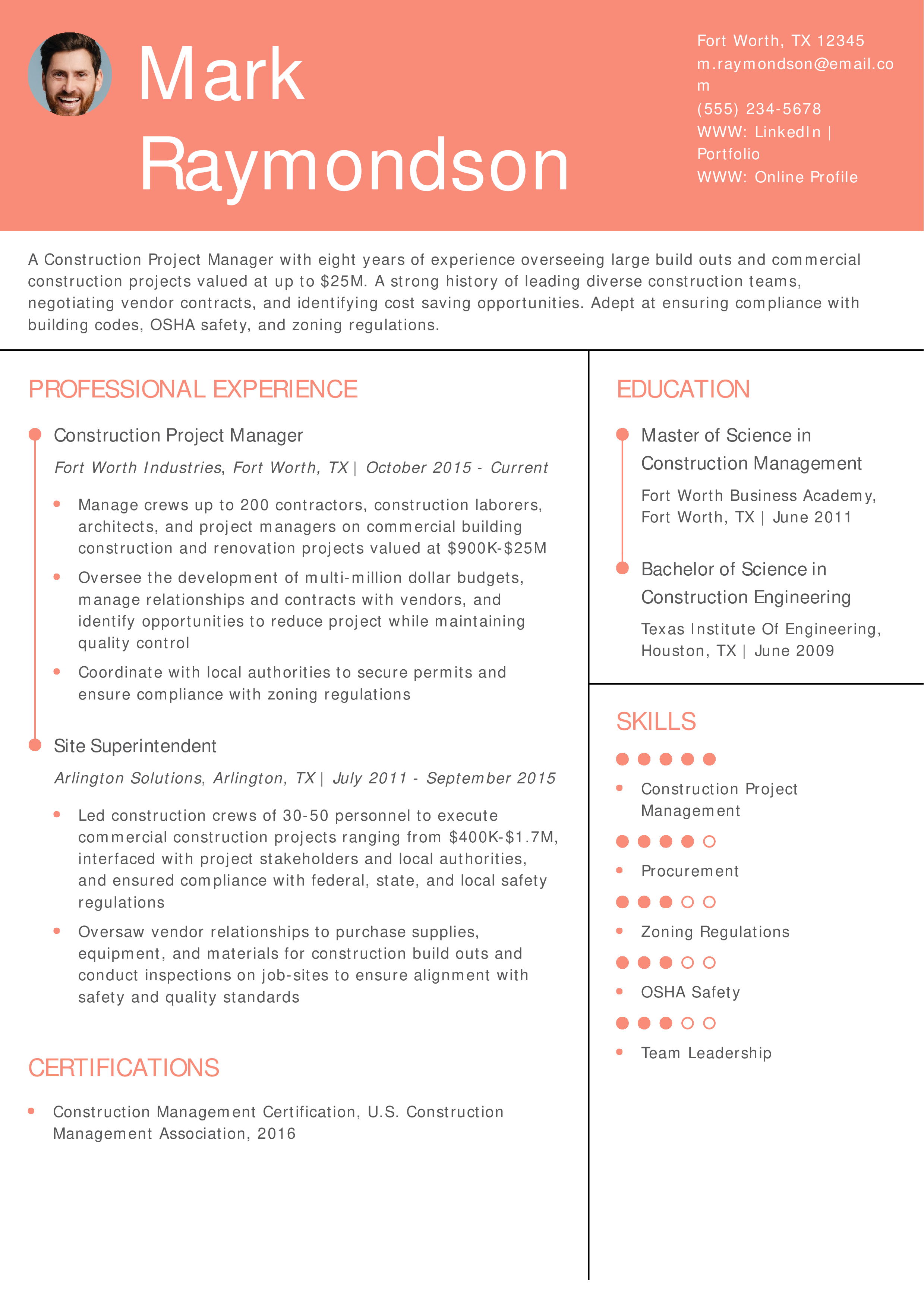 Construction Project Manager Resume