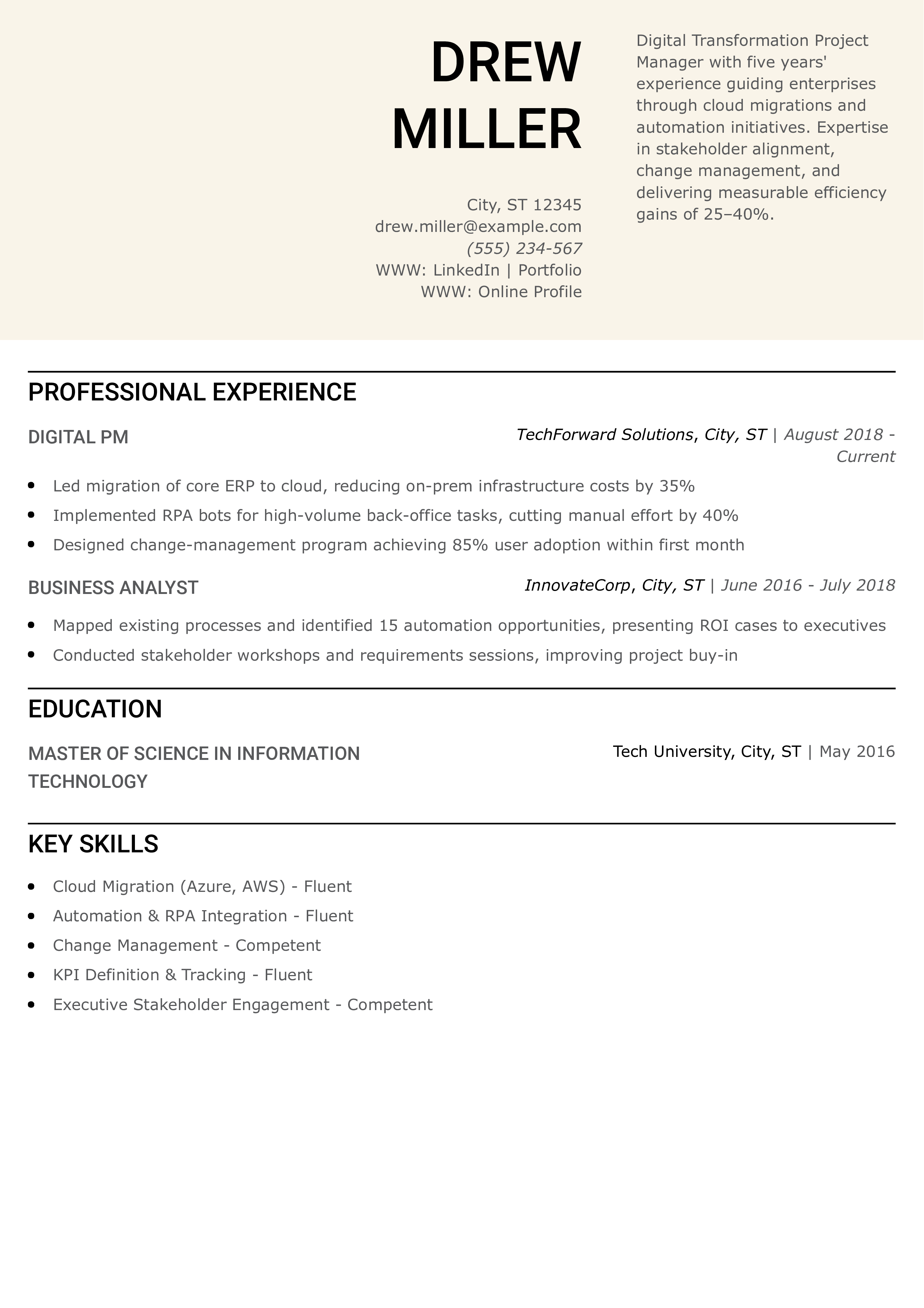 Digital Transformation Project Manager Resume