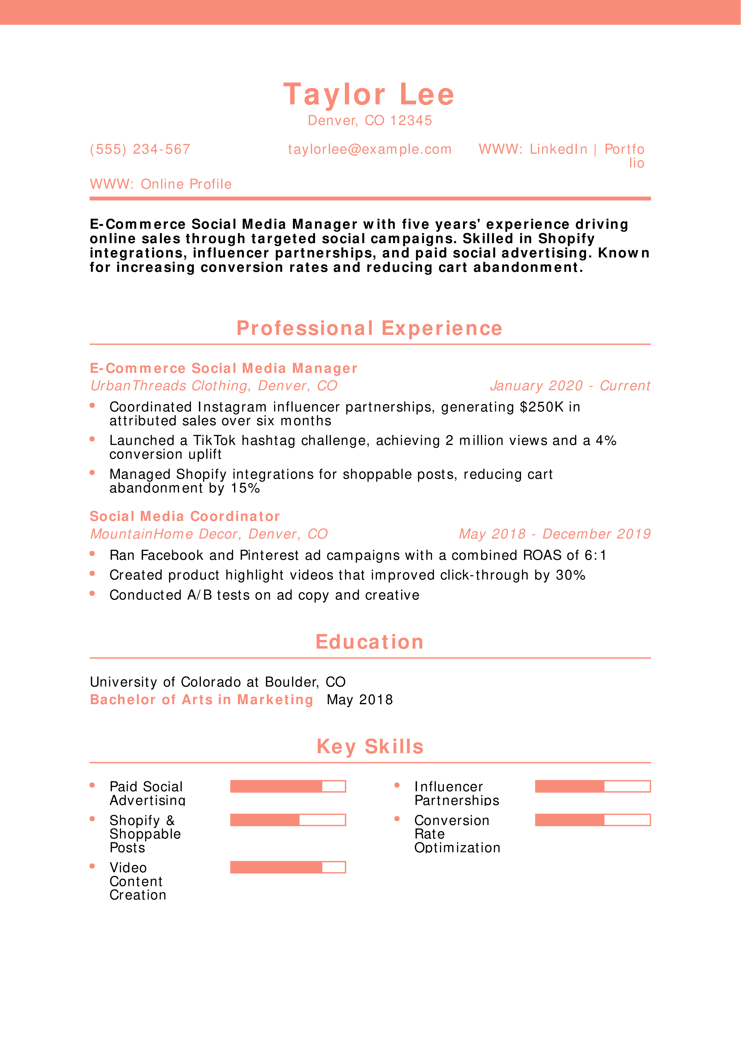 E-Commerce Social Media Manager Resume