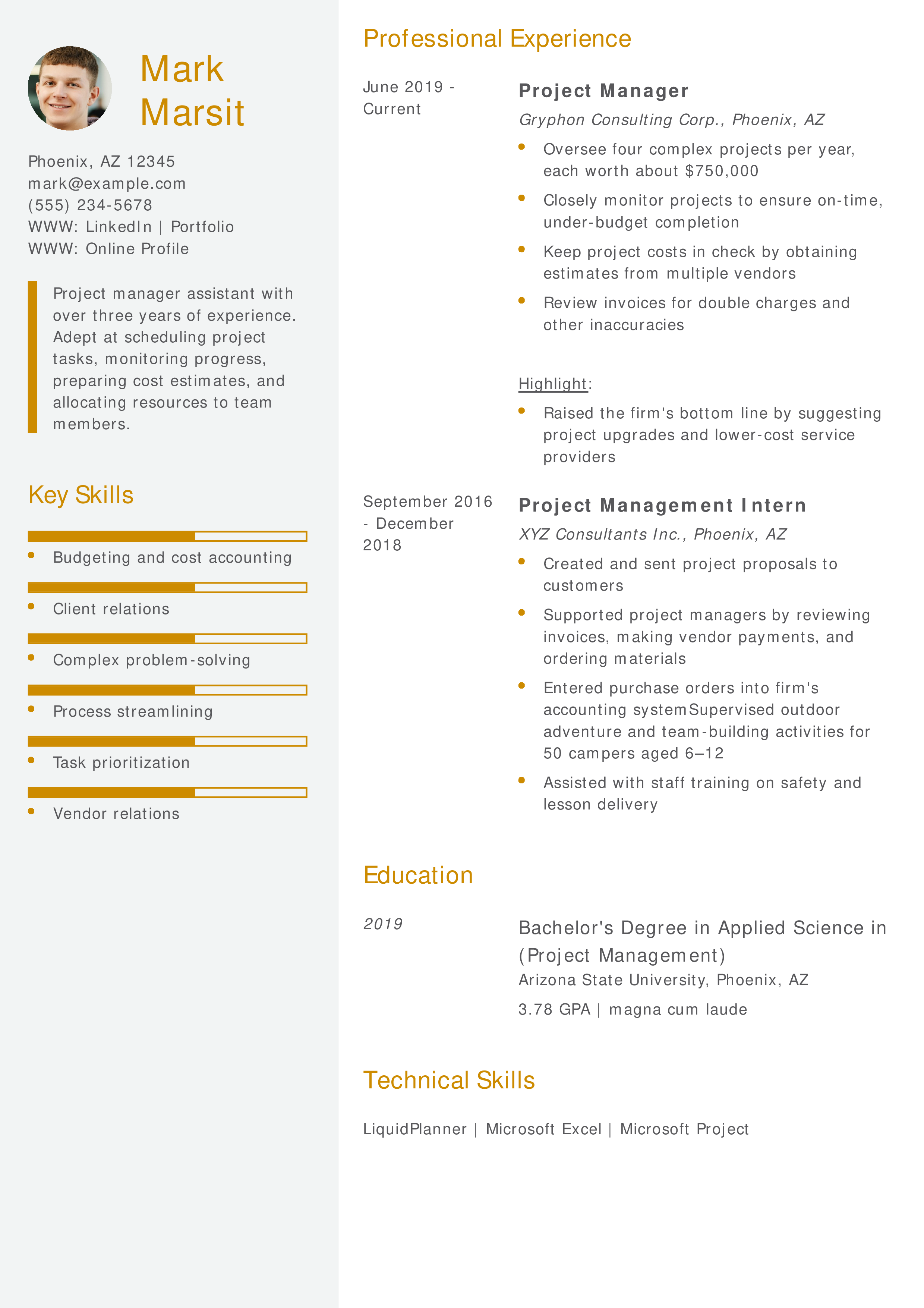 Project Manager Assistant Resume
