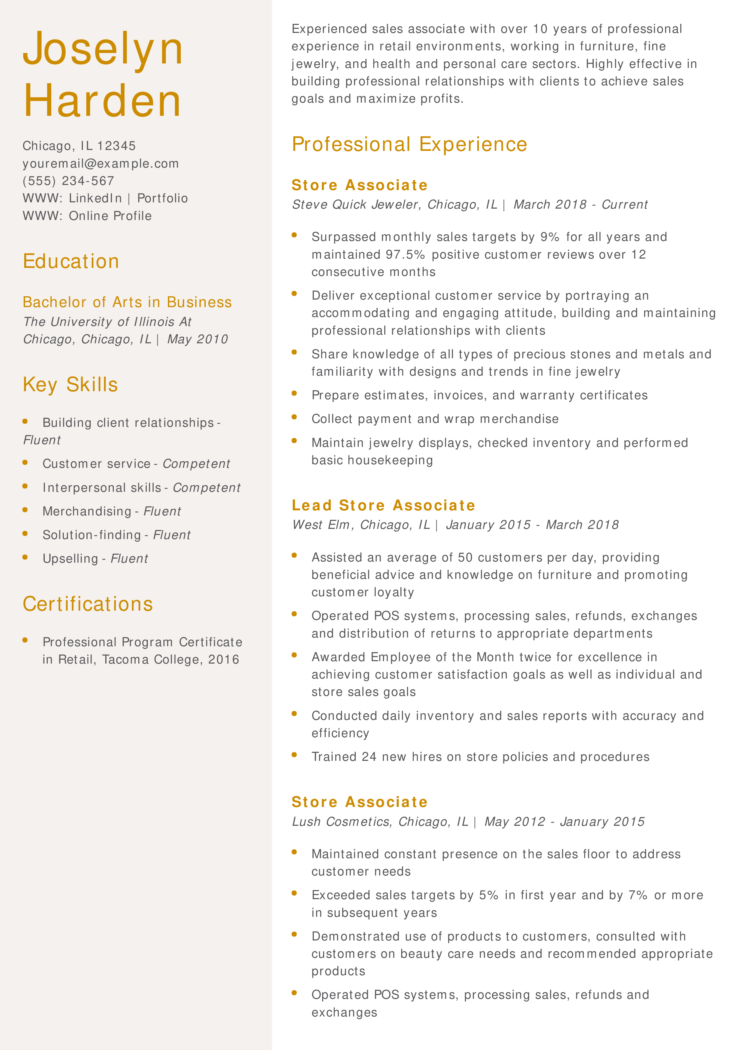 Experienced Sales Associate Resume