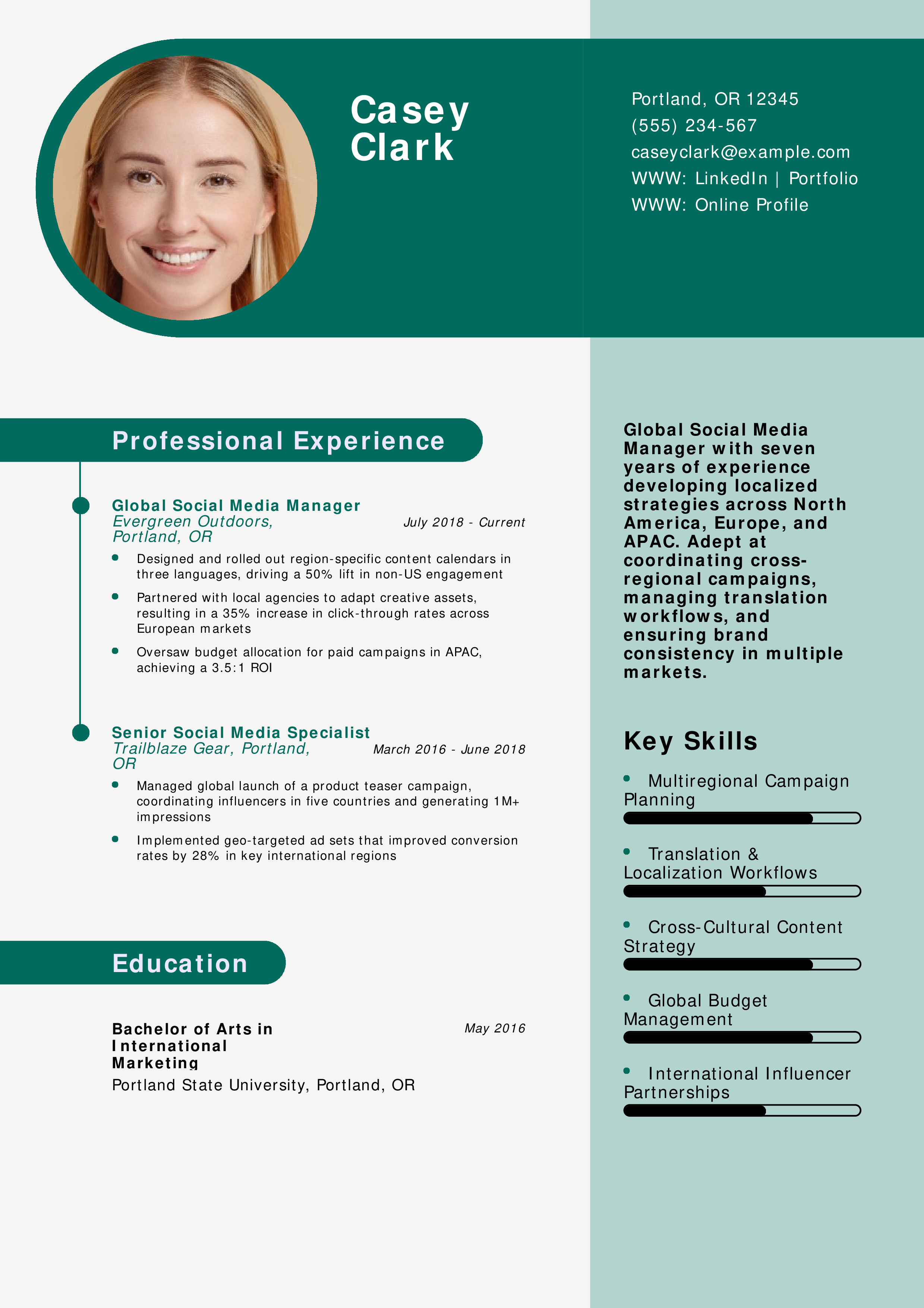 Global Social Media Manager Resume