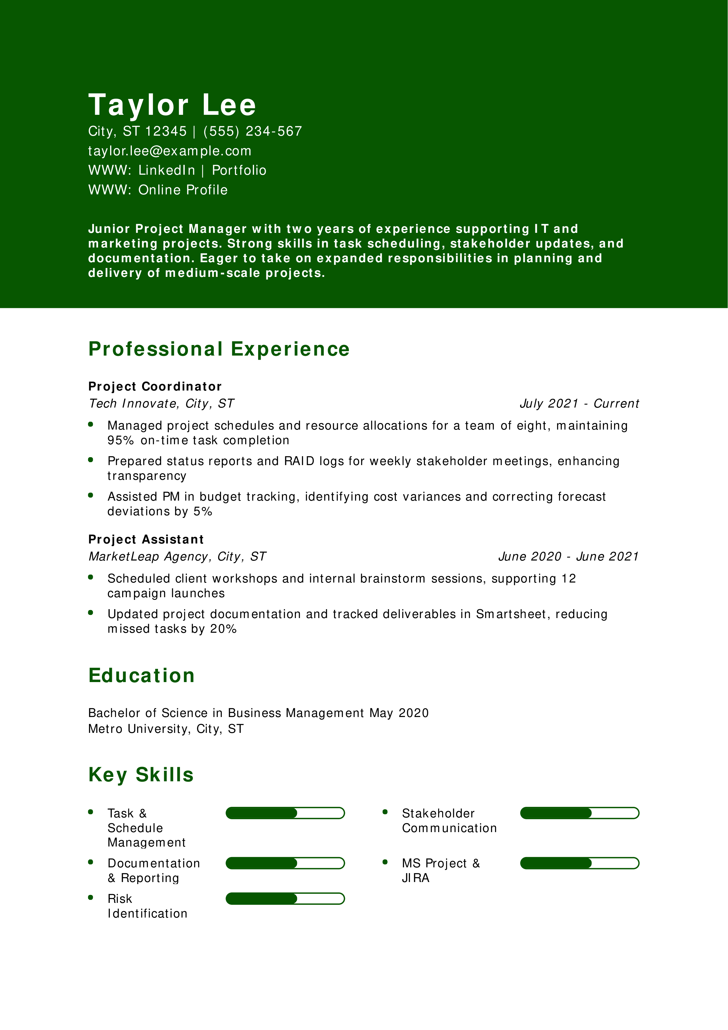 Junior Project Manager Resume