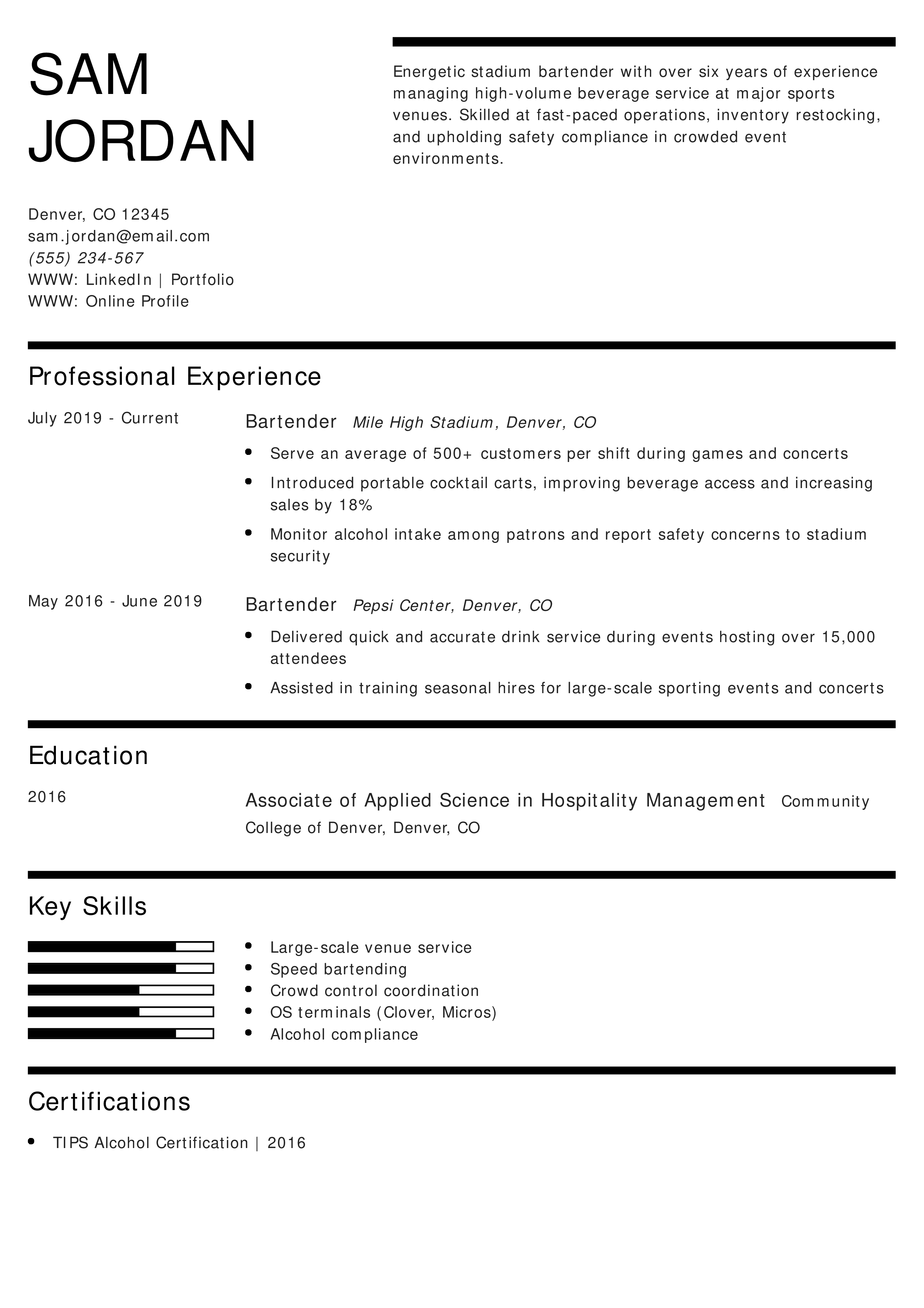 Stadium Bartender Resume