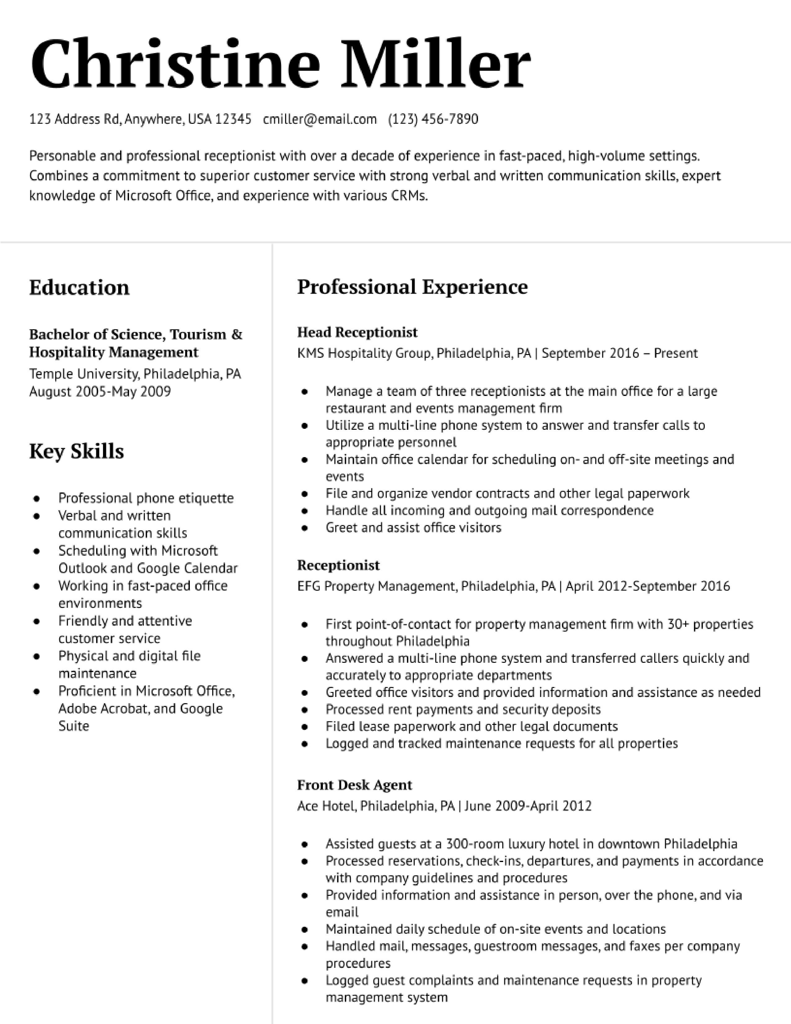 resume for entry level receptionist