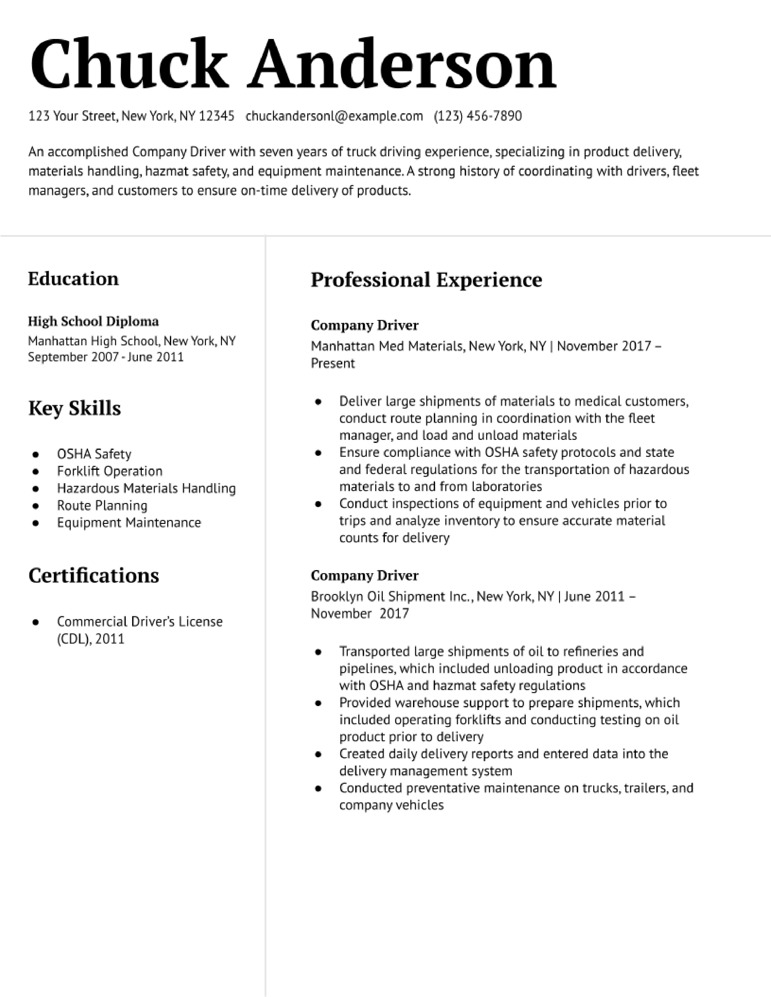 Company Driver Resume Examples and Templates for 2024 - ResumeBuilder.com