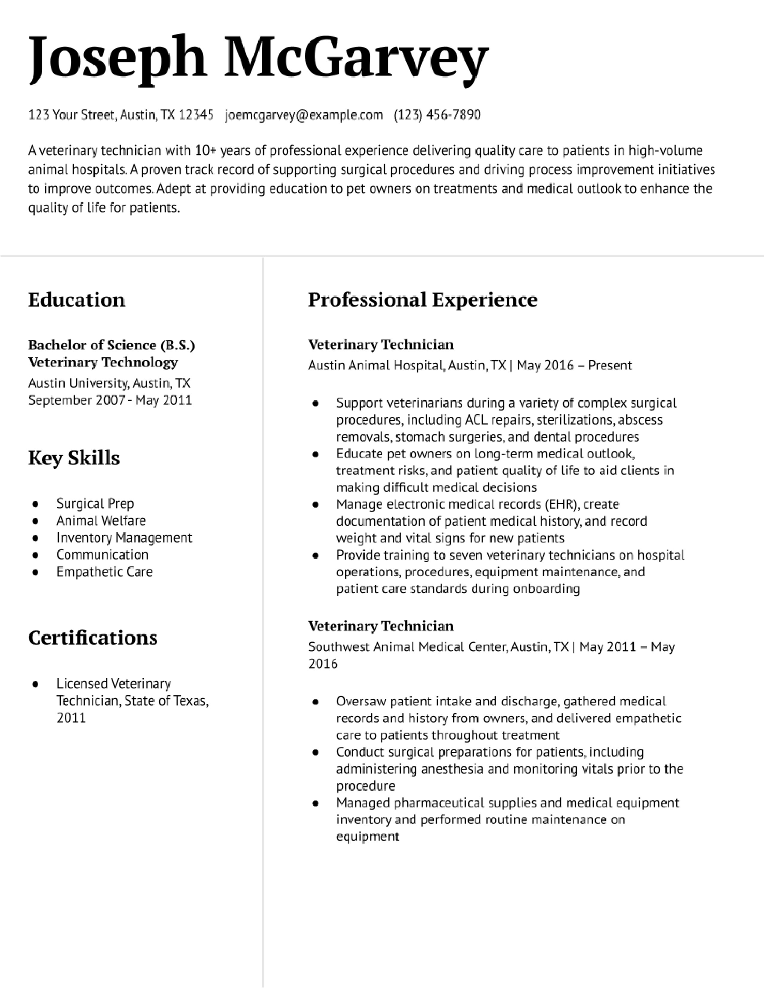 skills to list on resume for vet tech