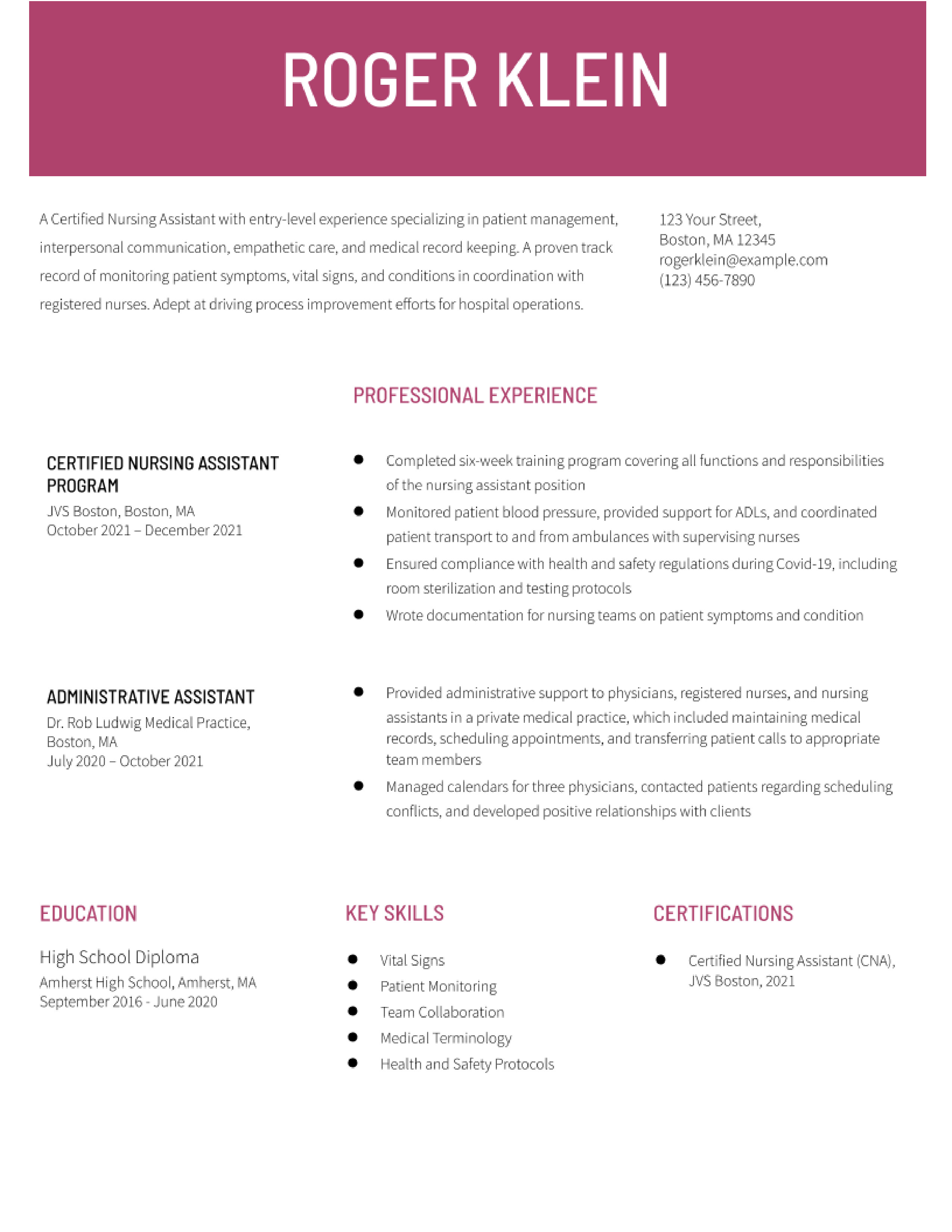 Certified Nursing Assistant (No Experience) Resume Examples and ...