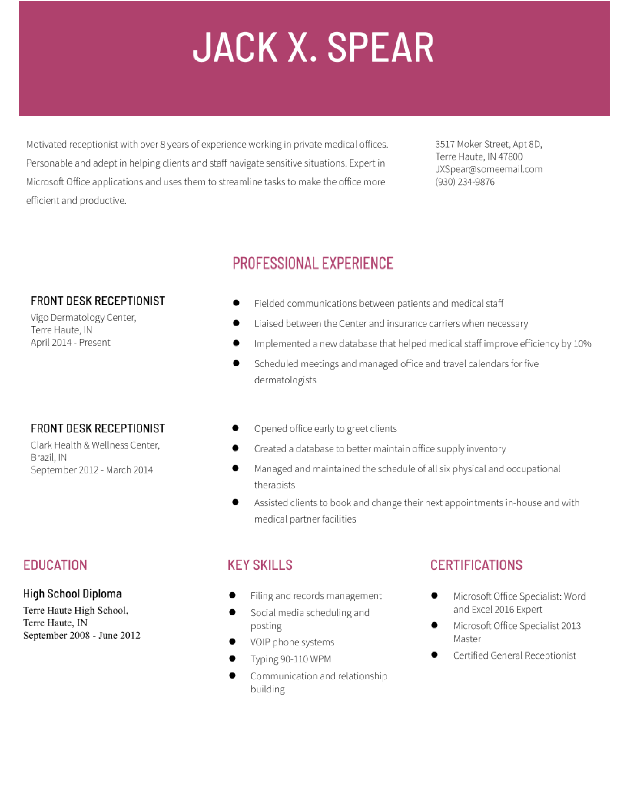 Front Desk Receptionist Resume Examples and Templates for 2024 ...