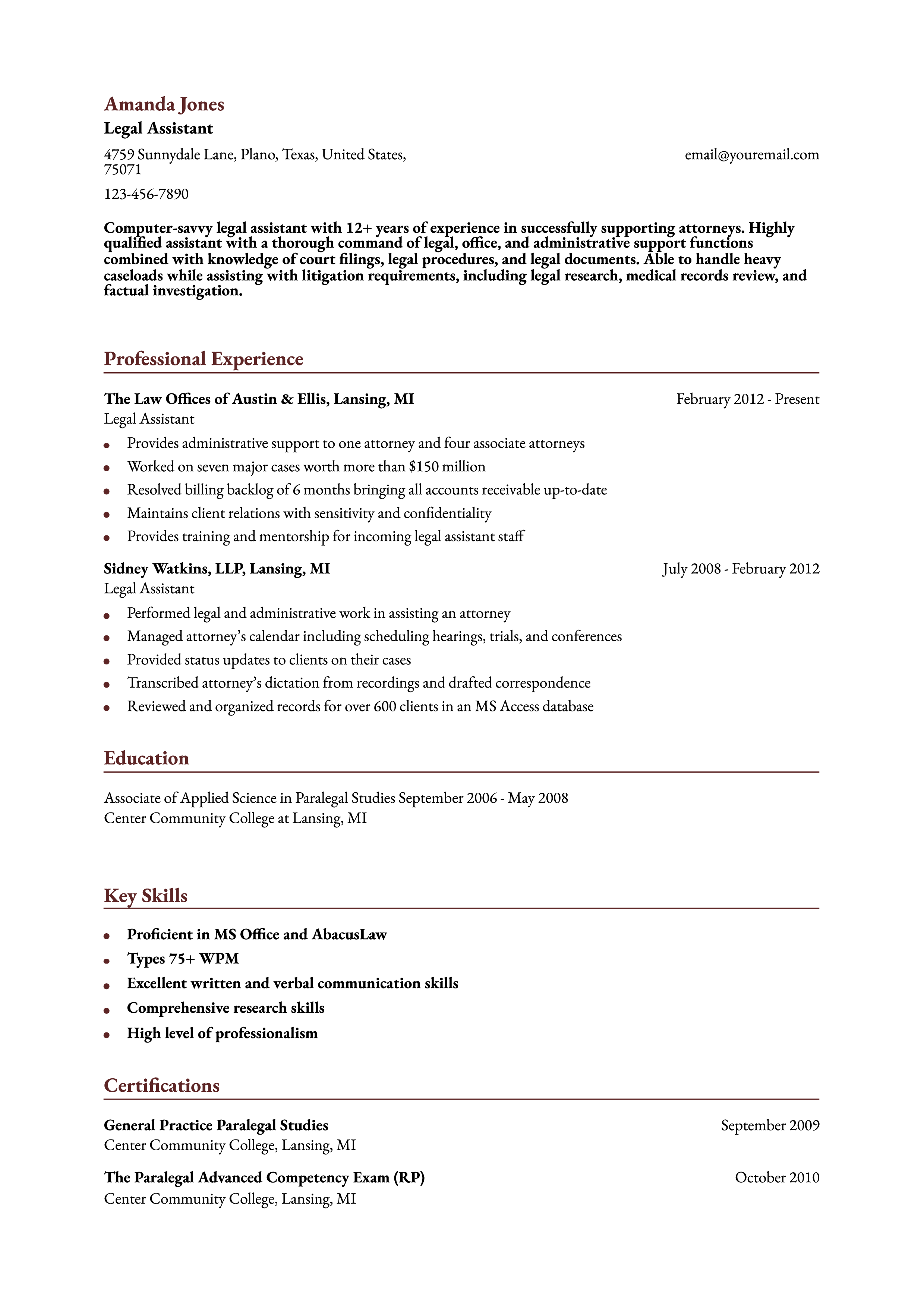 Legal Assistant Resume Examples and Templates for 2024 - ResumeBuilder.com