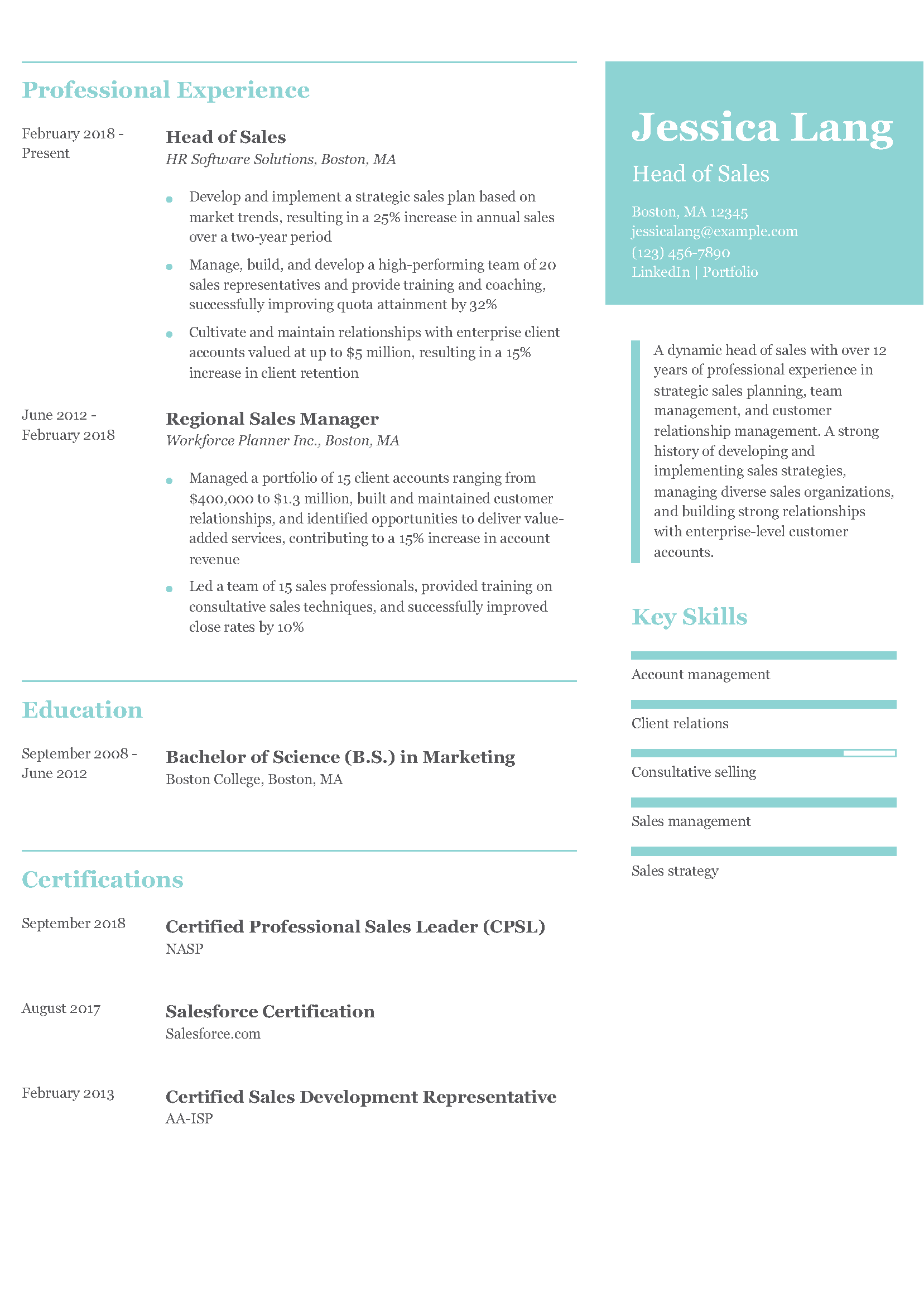 Head of Sales Resume Example