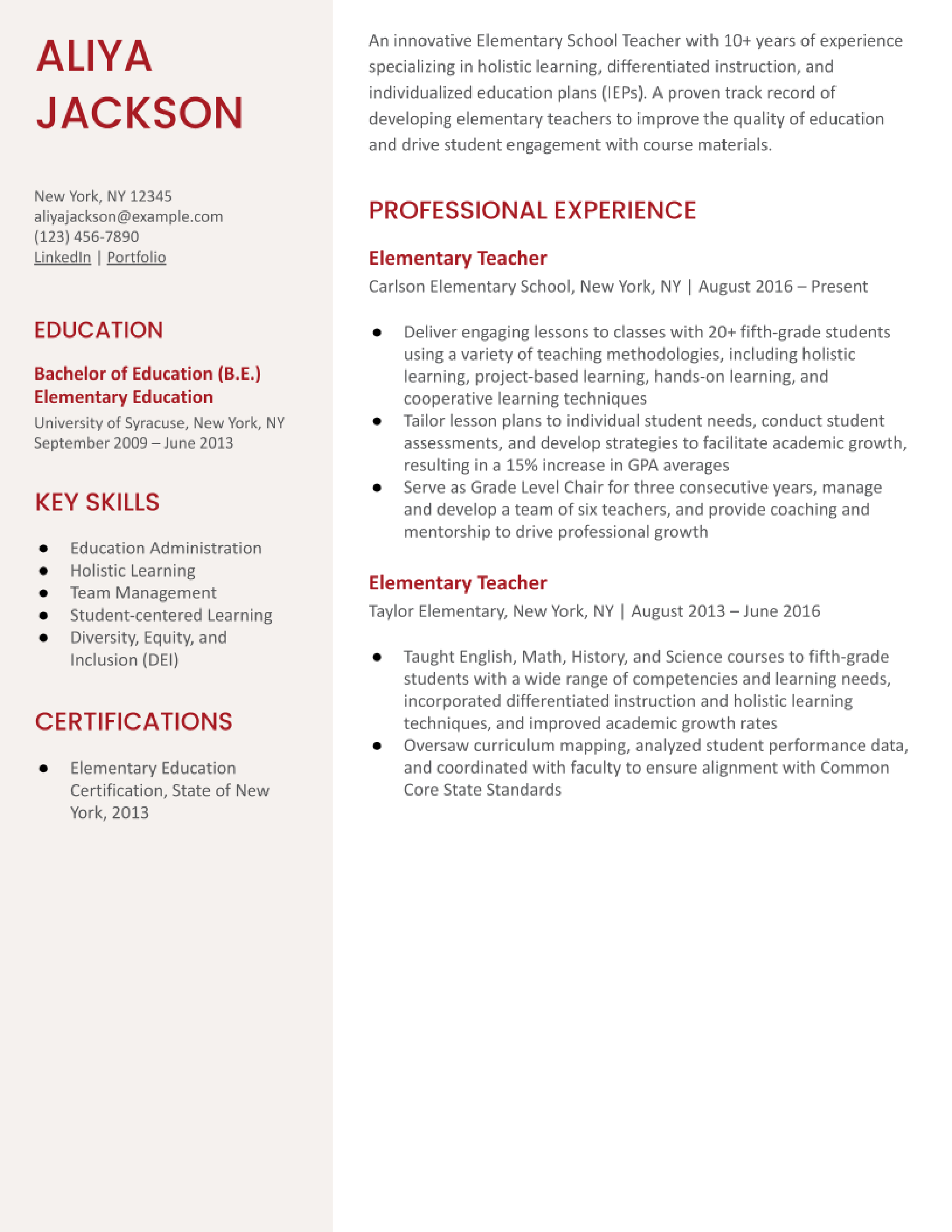 Elementary Teacher Resume Examples and Templates for 2024 ...