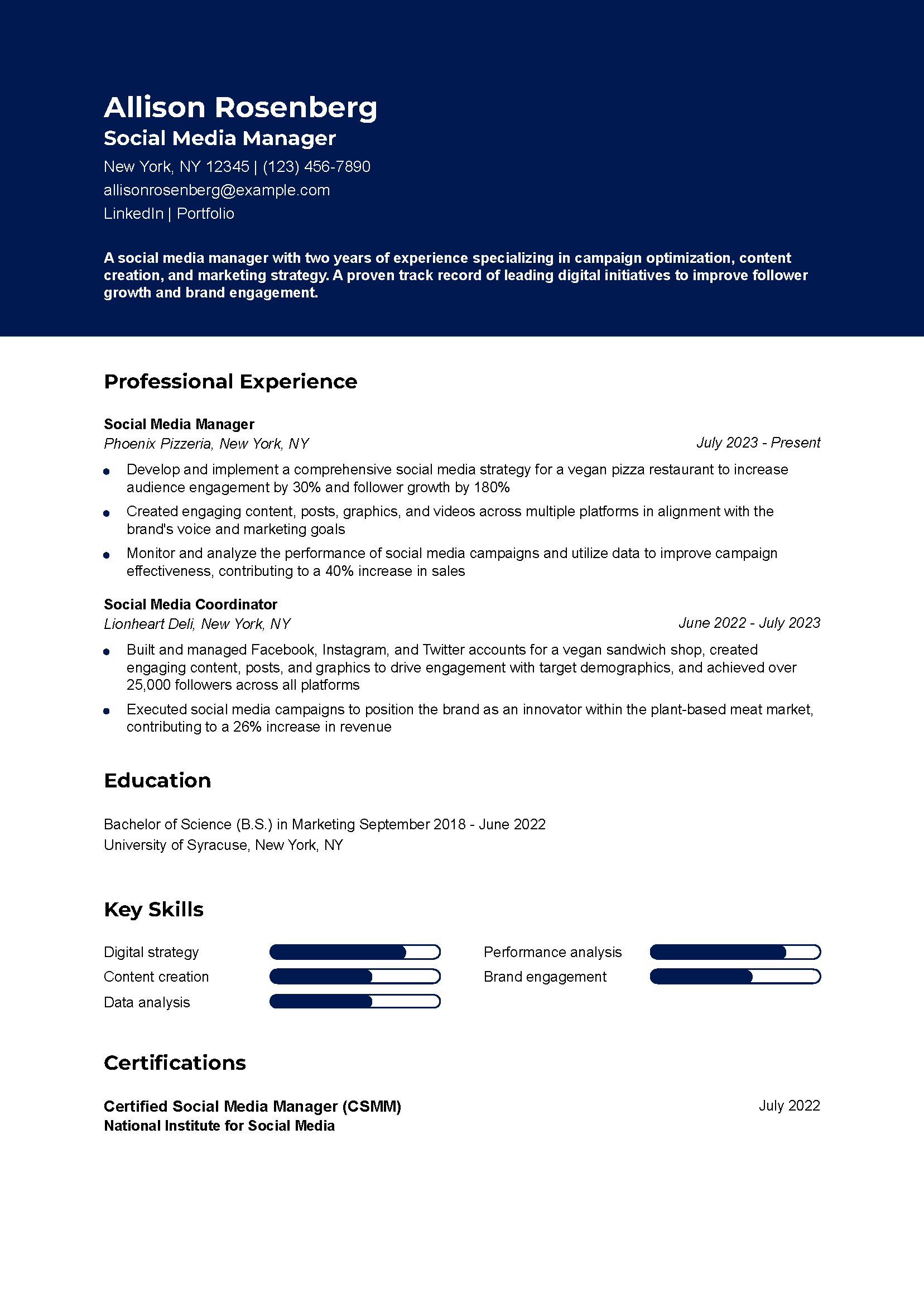 Entry-Level Social Media Manager Resume Example