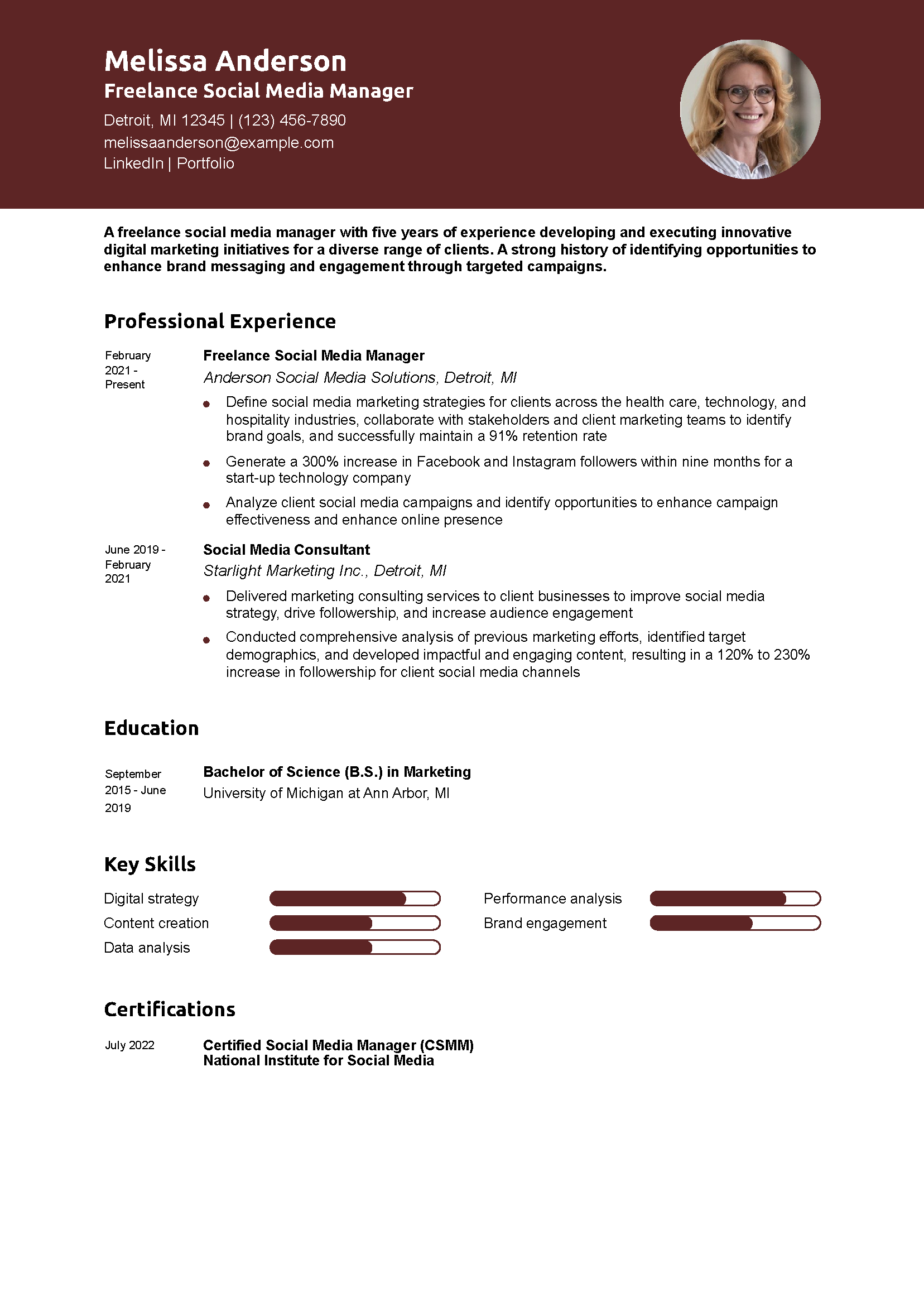 Freelance Social Media Manager Resume Example